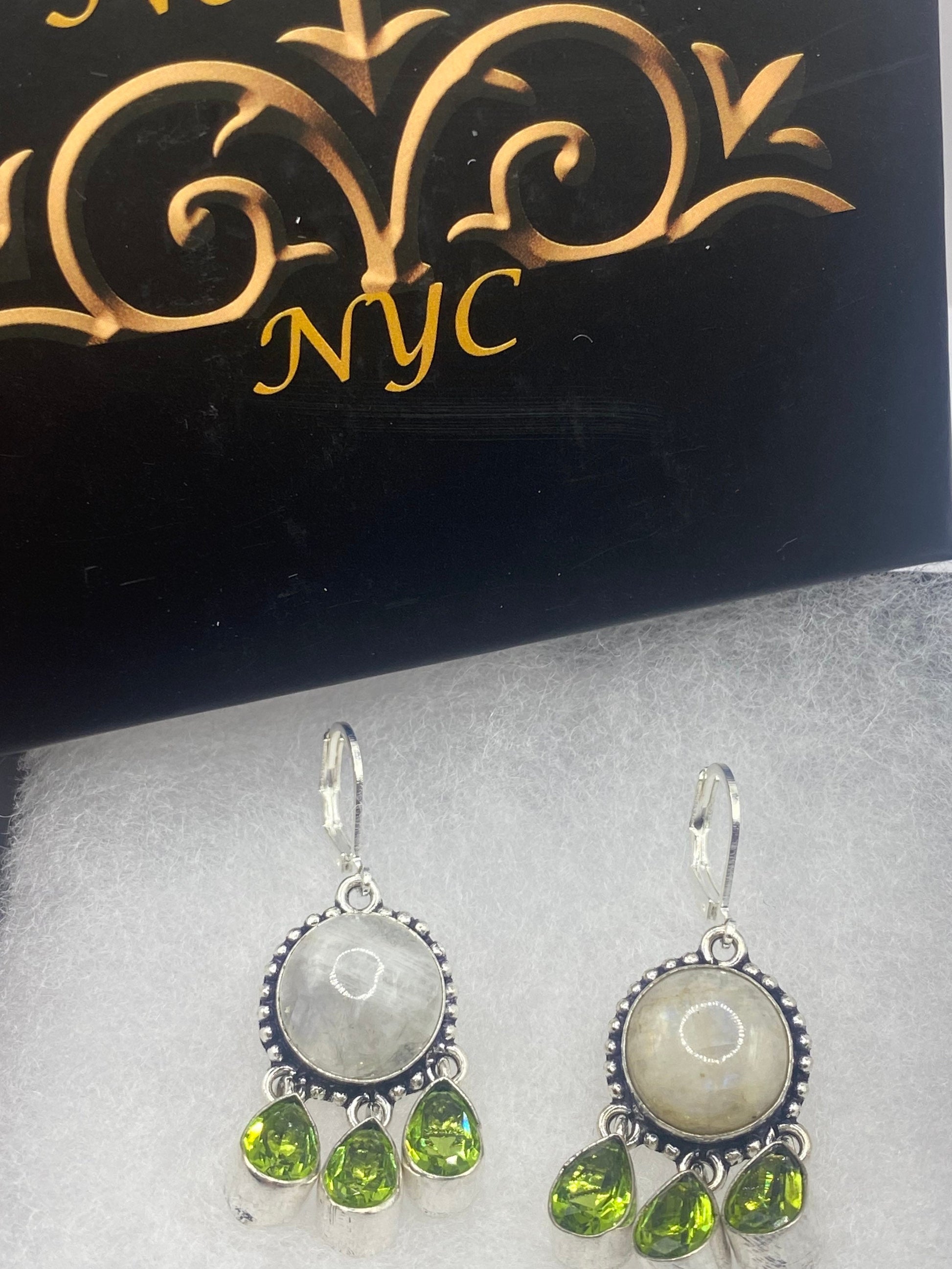 Vintage Green Peridot Moonstone Chandelier Earrings 925 Sterling Silver Leverback
