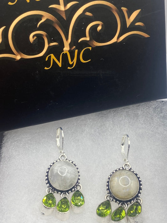 Vintage Green Peridot Moonstone Chandelier Earrings 925 Sterling Silver Leverback
