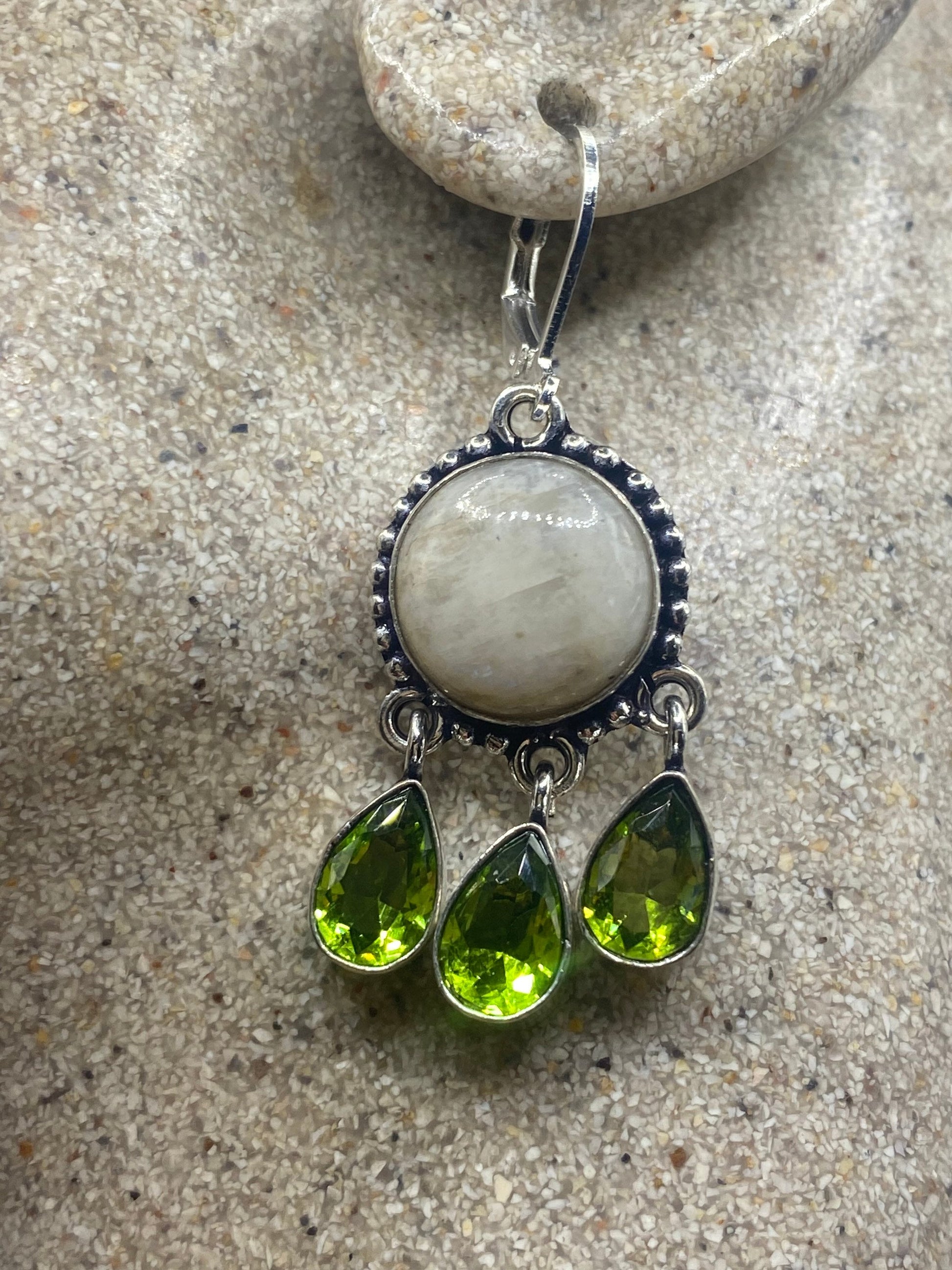 Vintage Green Peridot Moonstone Chandelier Earrings 925 Sterling Silver Leverback