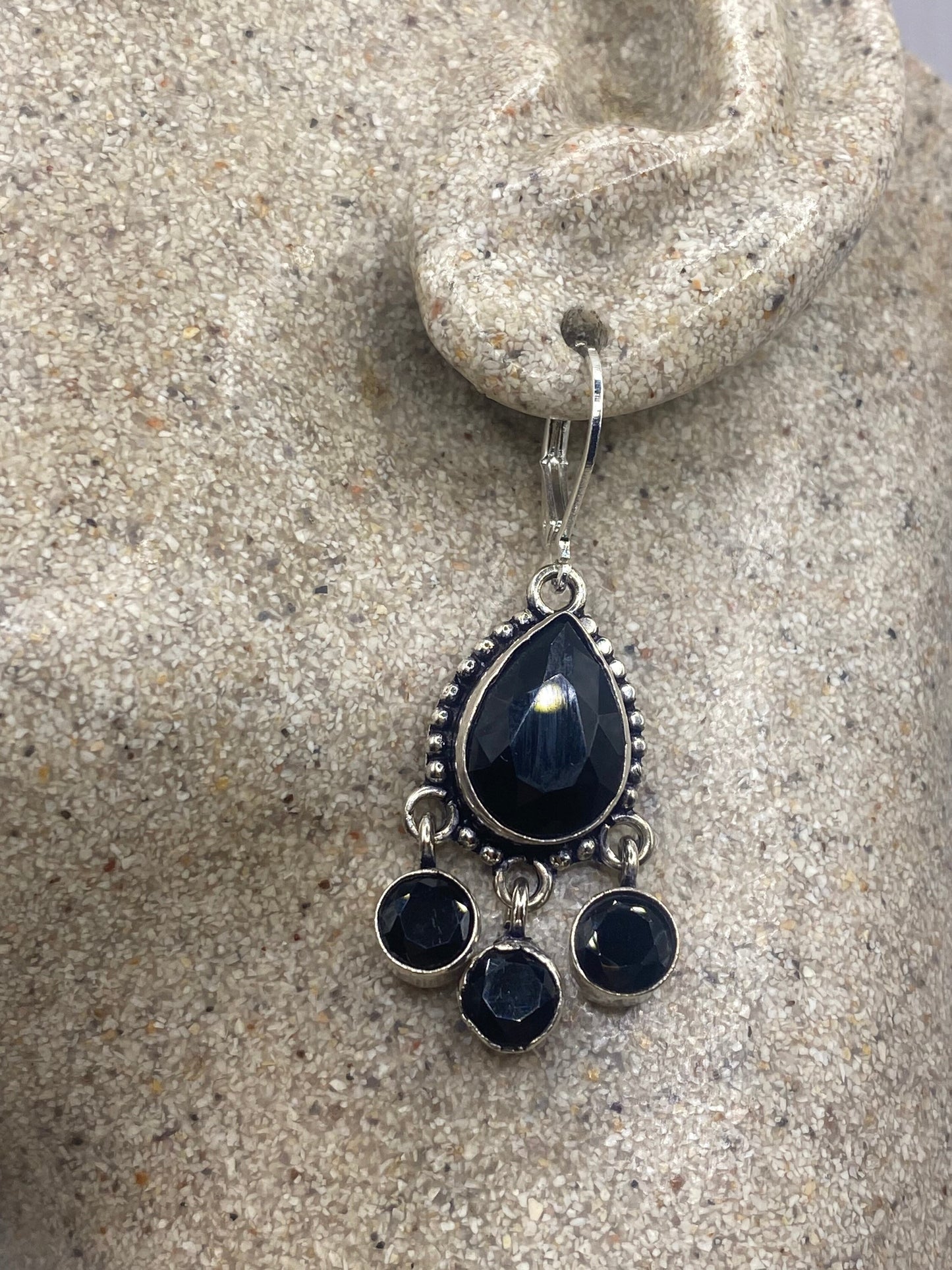 Vintage Black Onyx Earrings 925 Sterling Silver Deco Dangle Chandelier