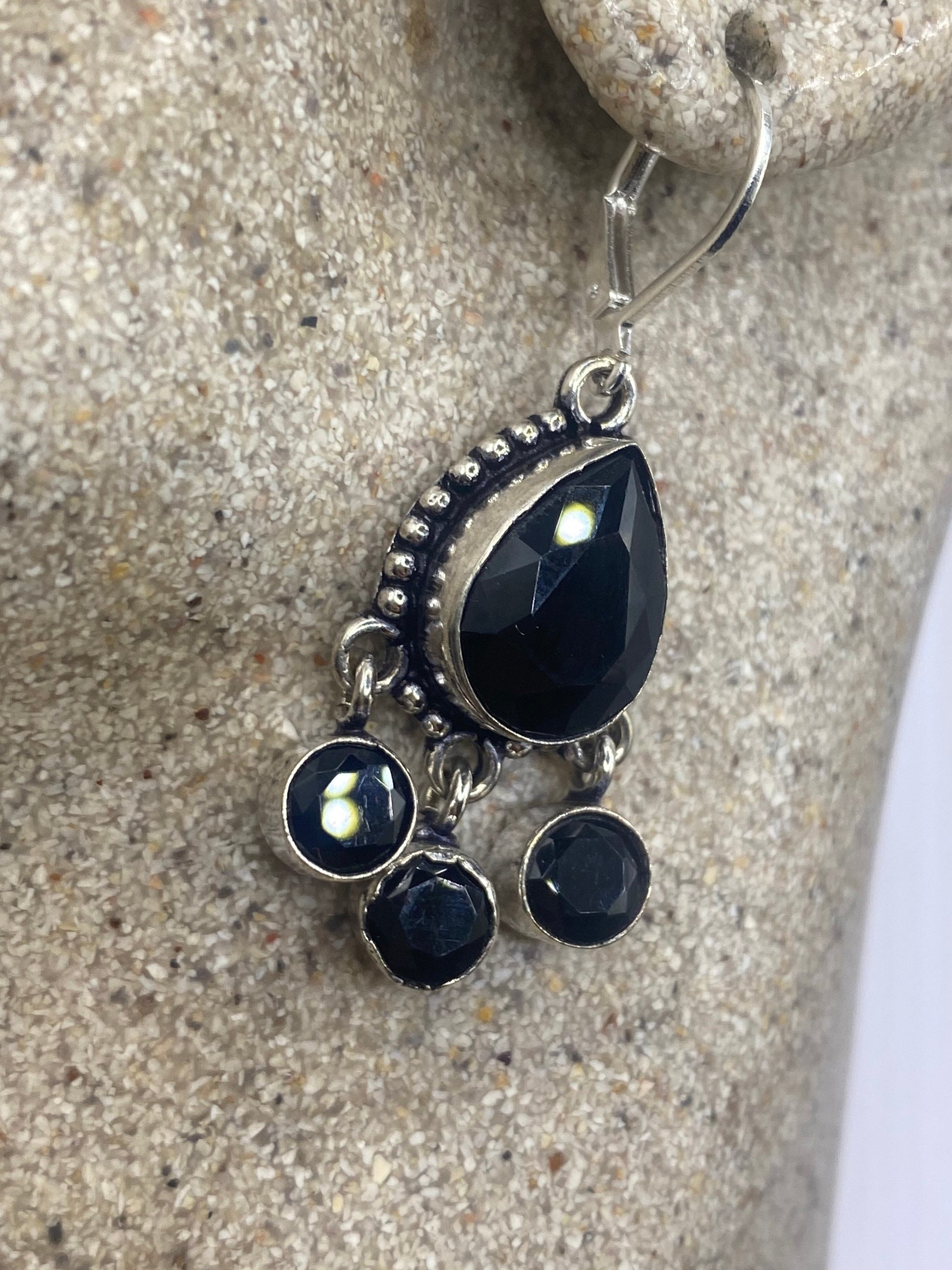 Vintage Black Onyx Earrings 925 Sterling Silver Deco Dangle Chandelier