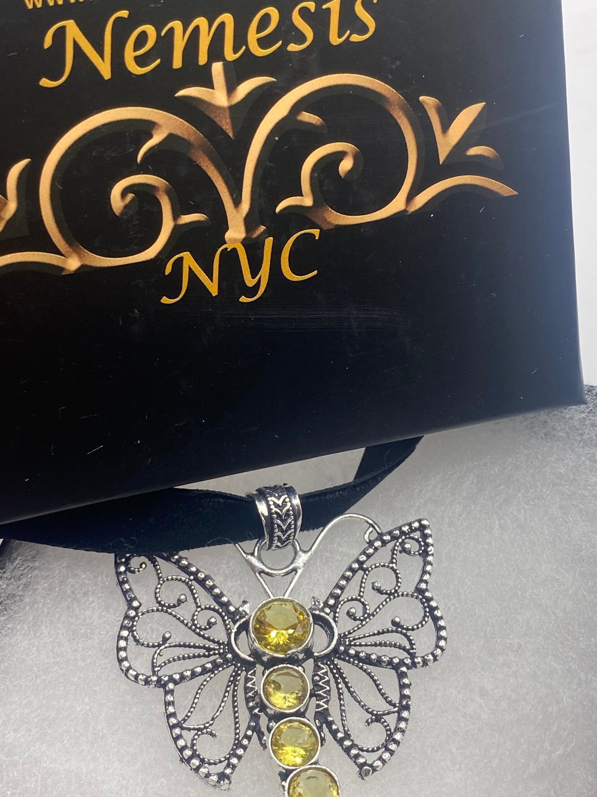 Vintage Silver Golden Citrine Dragonfly Choker Black Velvet Necklace.