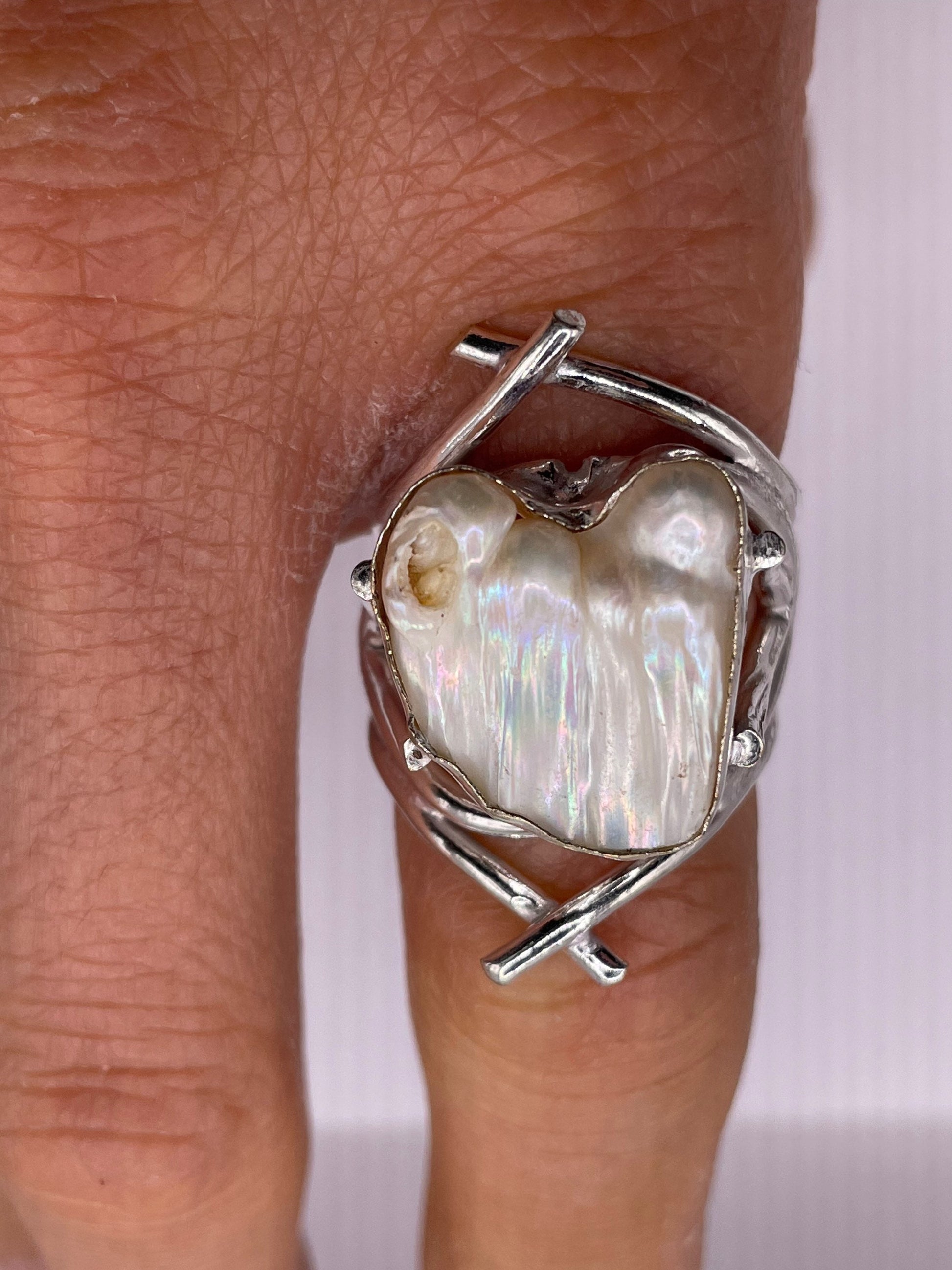 Vintage White Pearl Silver White Bronze Cocktail Ring