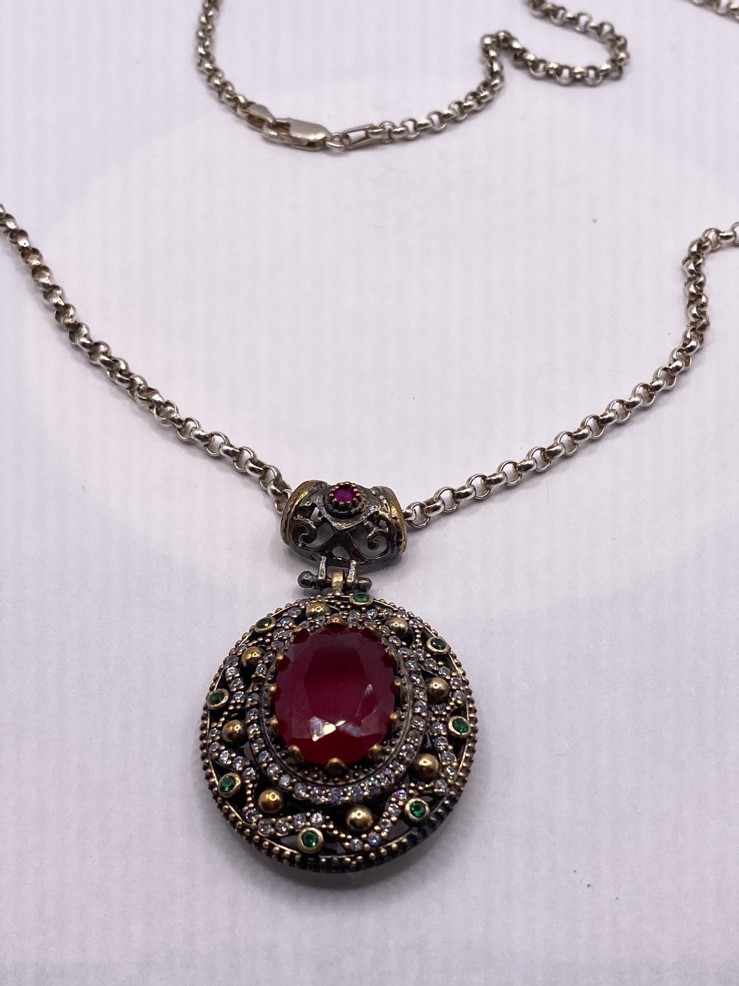 Vintage 925 Sterling Silver Pink Topaz And Green Chrome Diopside Antique Pendant Necklace