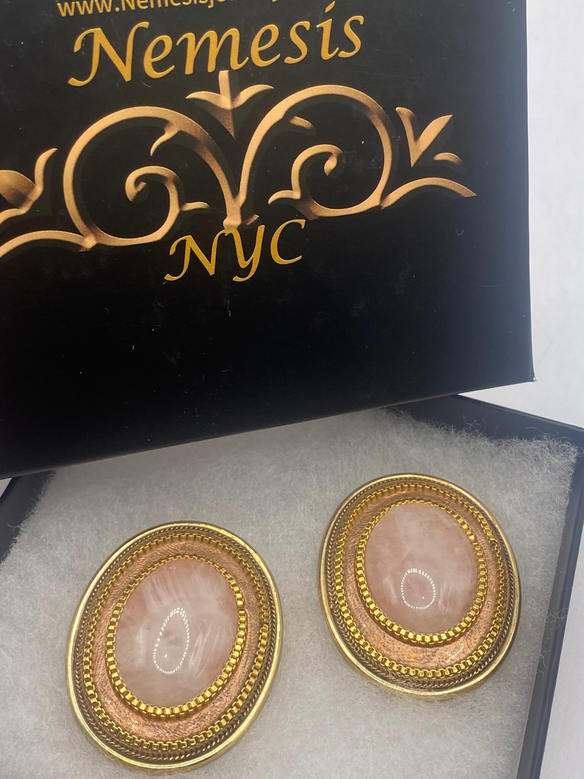 Vintage Pink Rose Quartz Earrings in Golden Bronze Clip-On