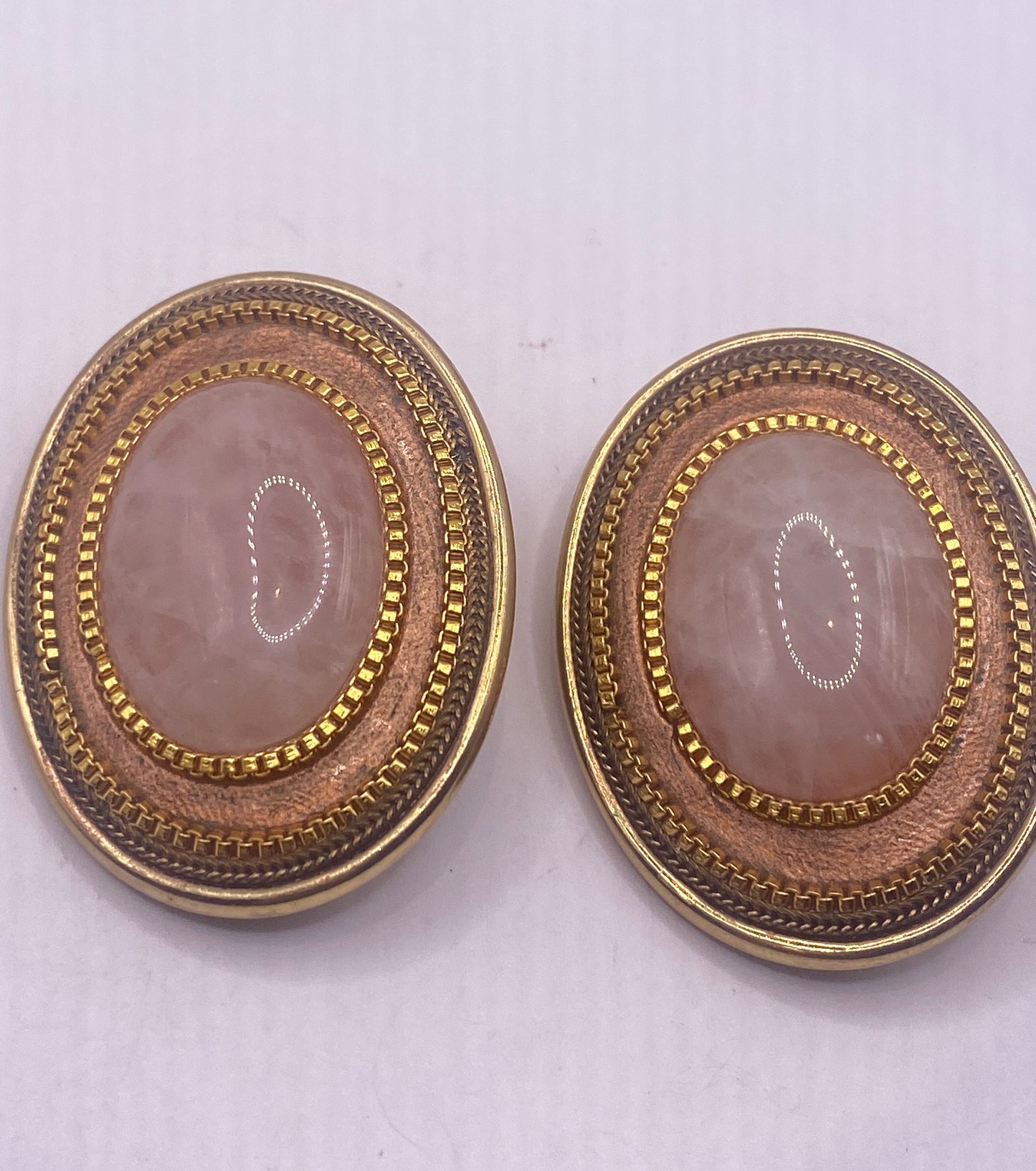 Vintage Pink Rose Quartz Earrings in Golden Bronze Clip-On