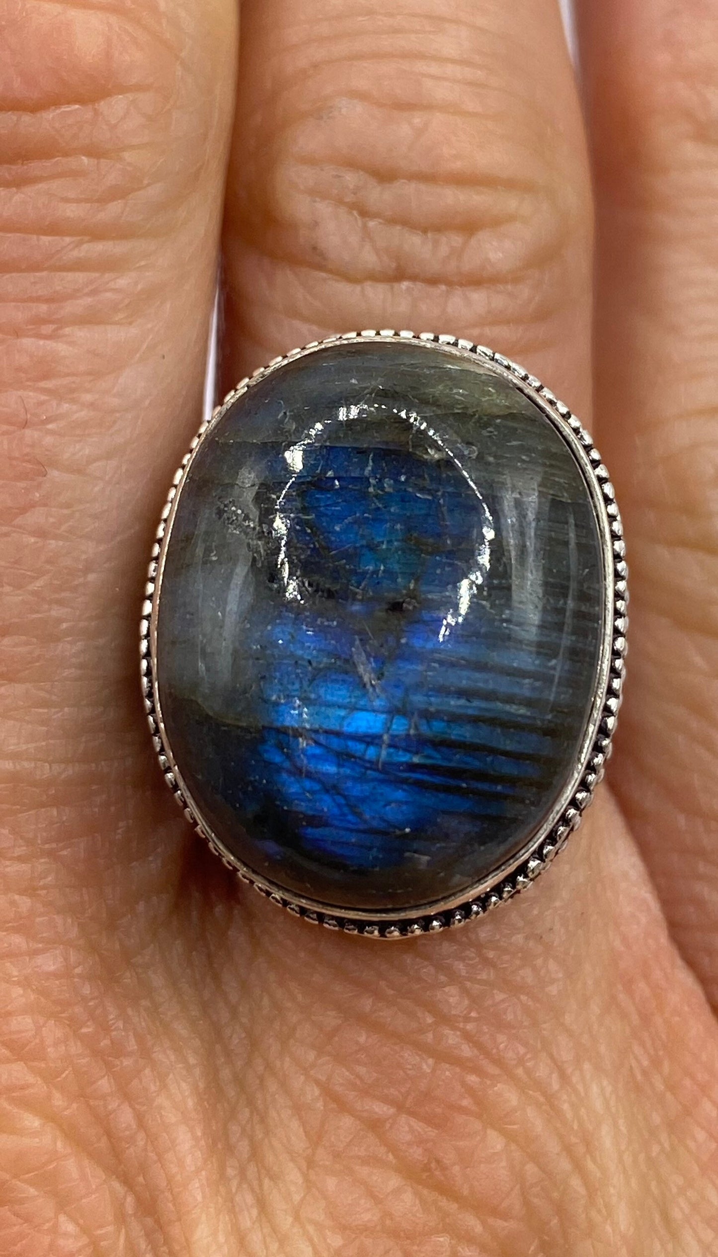 Vintage Blue Green Labradorite Moonstone Silver Cocktail Ring