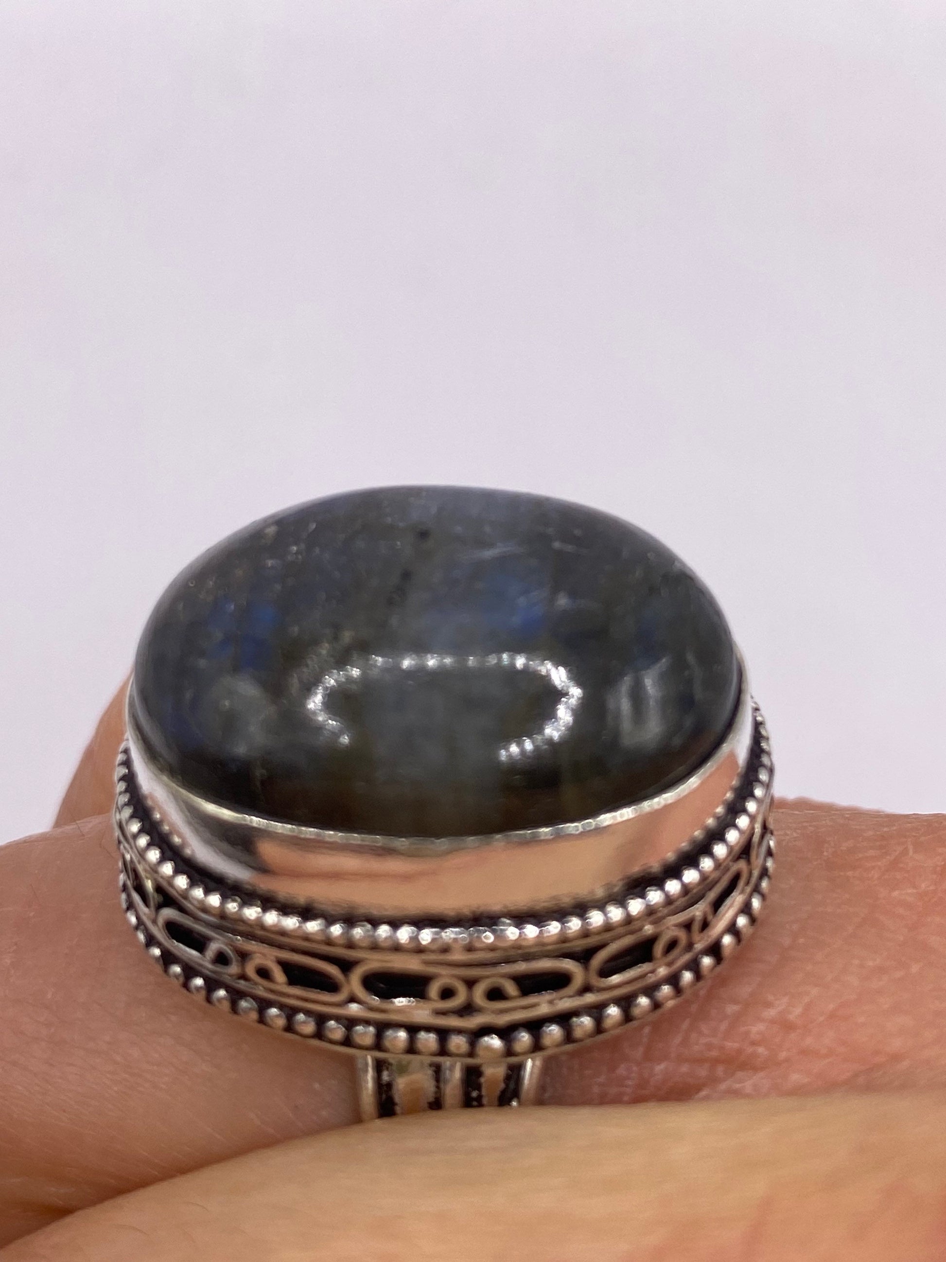 Vintage Blue Green Labradorite Moonstone Silver Cocktail Ring