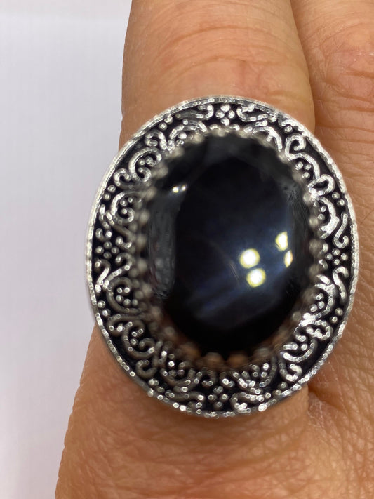 Vintage Black Onyx Silver Cocktail Ring Size 10