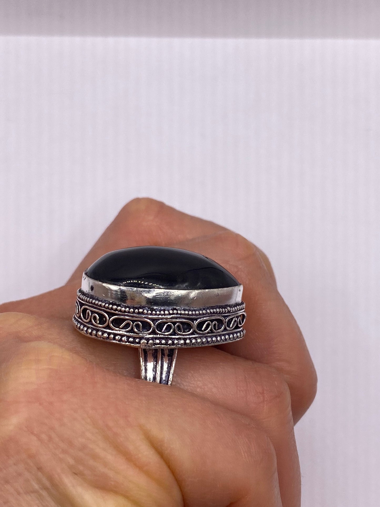 Vintage Black Onyx Silver Cocktail Ring Size 6.5