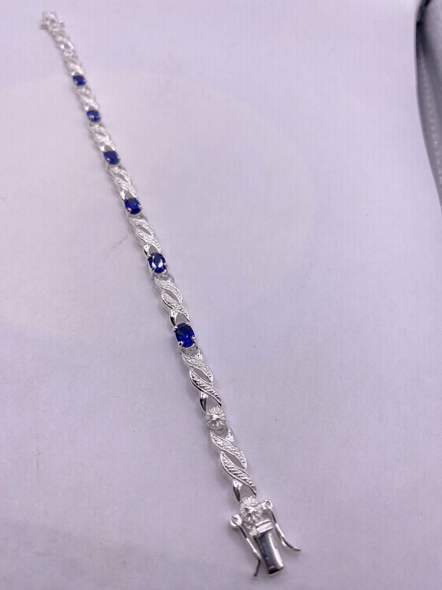 Vintage Blue Sapphire White Diamond Bracelet 925 Sterling Silver Tennis
