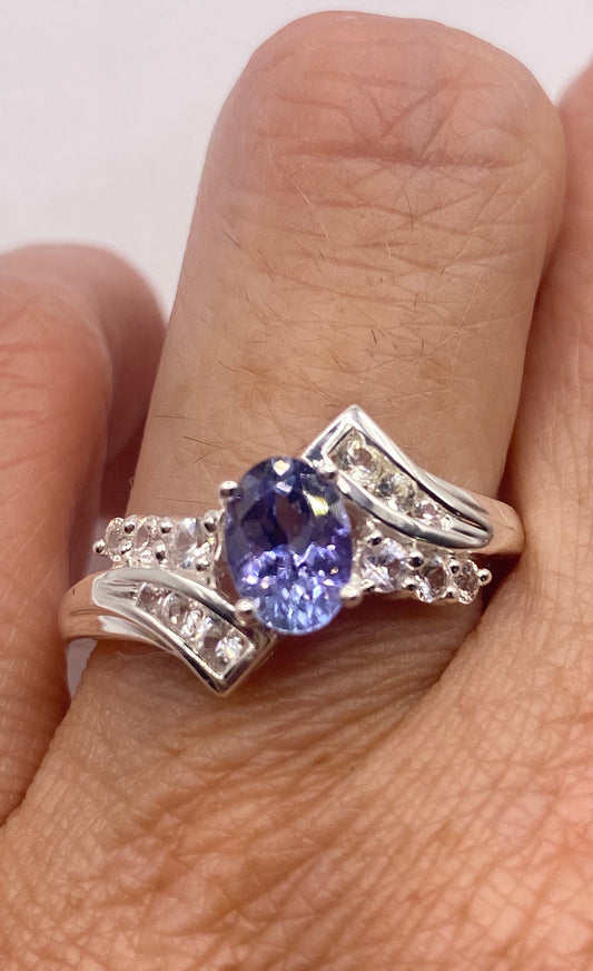 Vintage Blue Iolite White Sapphire 925 Sterling Silver Promise Ring