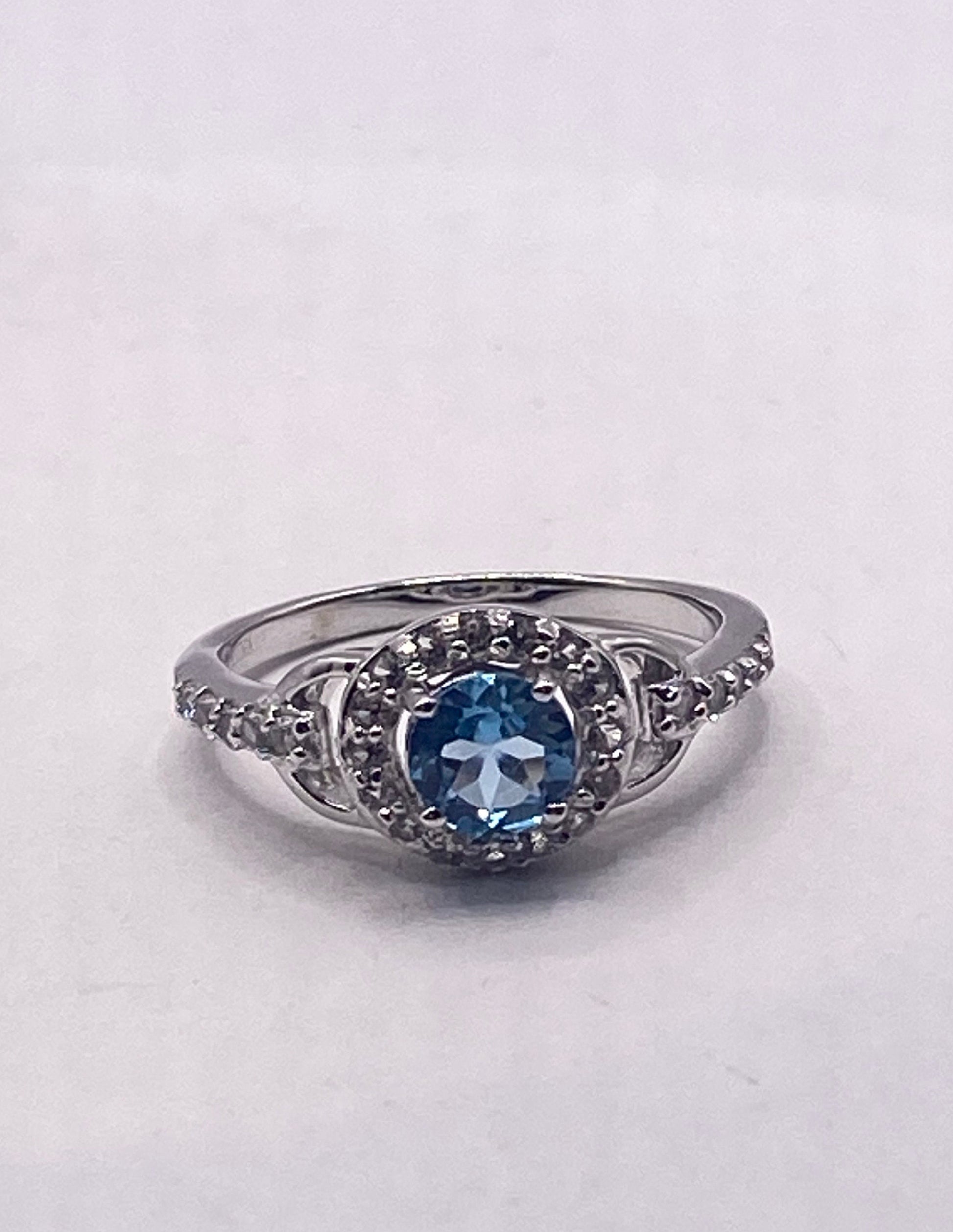 Vintage Blue Topaz White Diamond 925 Sterling Silver Promise Ring