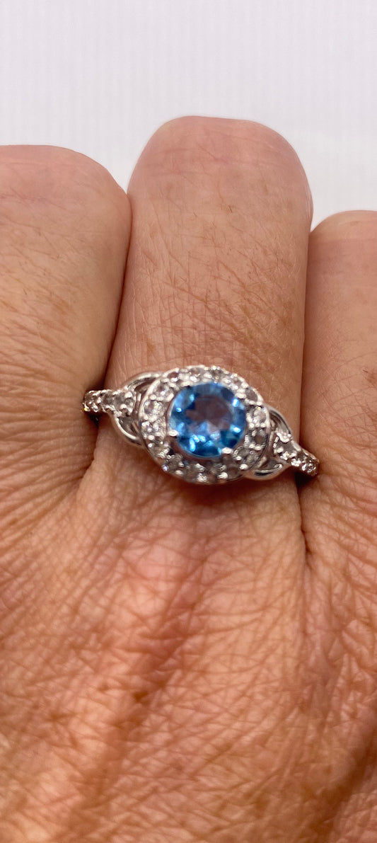 Vintage Blue Topaz White Diamond 925 Sterling Silver Promise Ring
