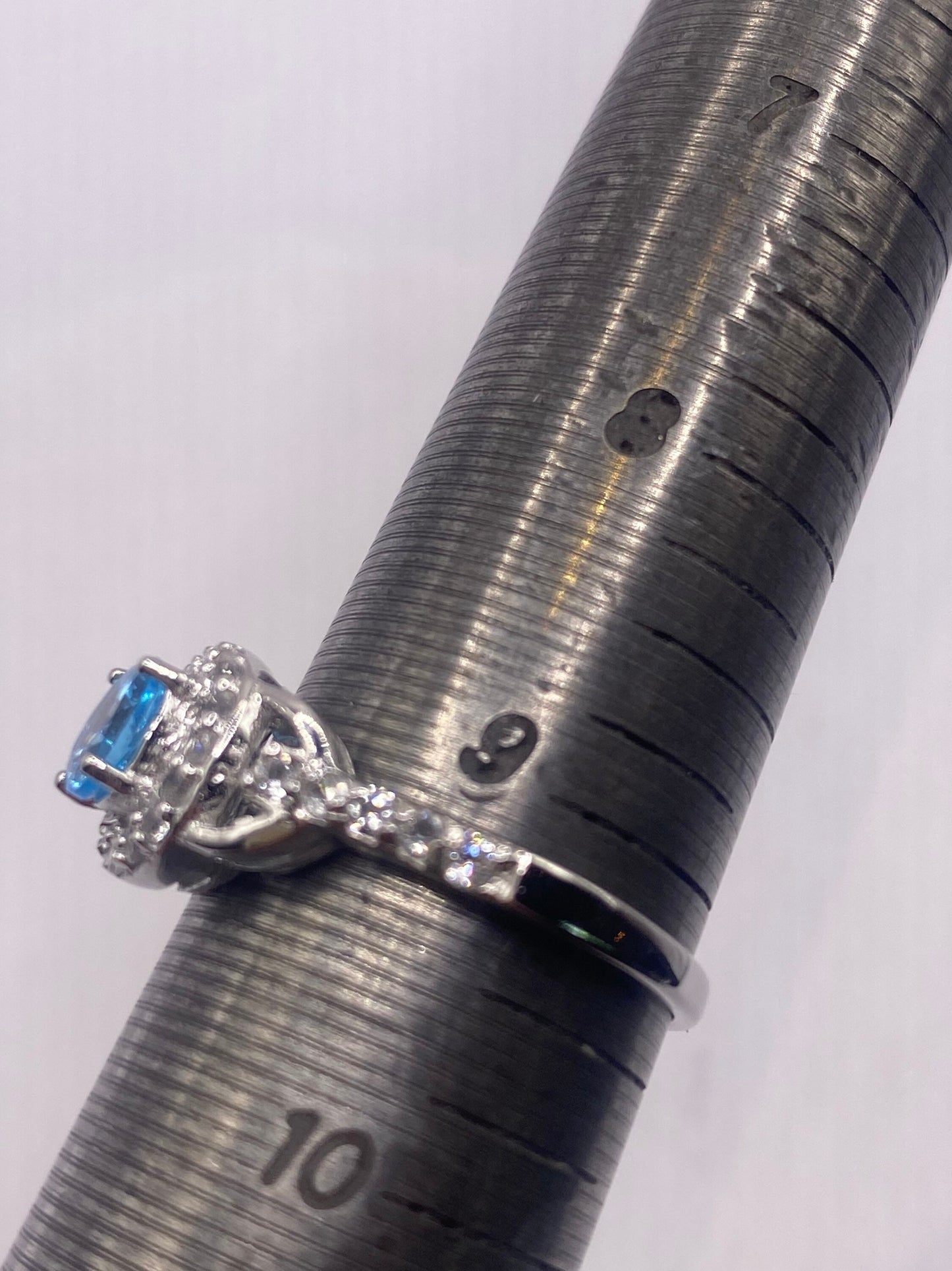 Vintage Blue Topaz White Diamond 925 Sterling Silver Promise Ring