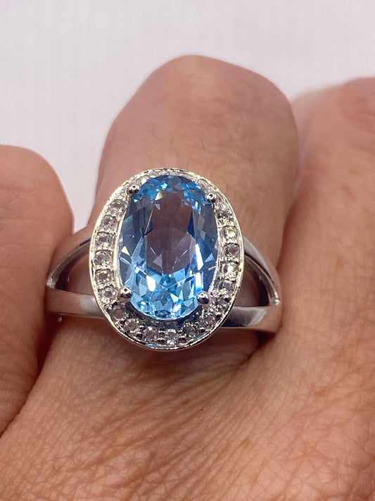 Vintage Blue Topaz White Diamond 925 Sterling Silver Promise Ring