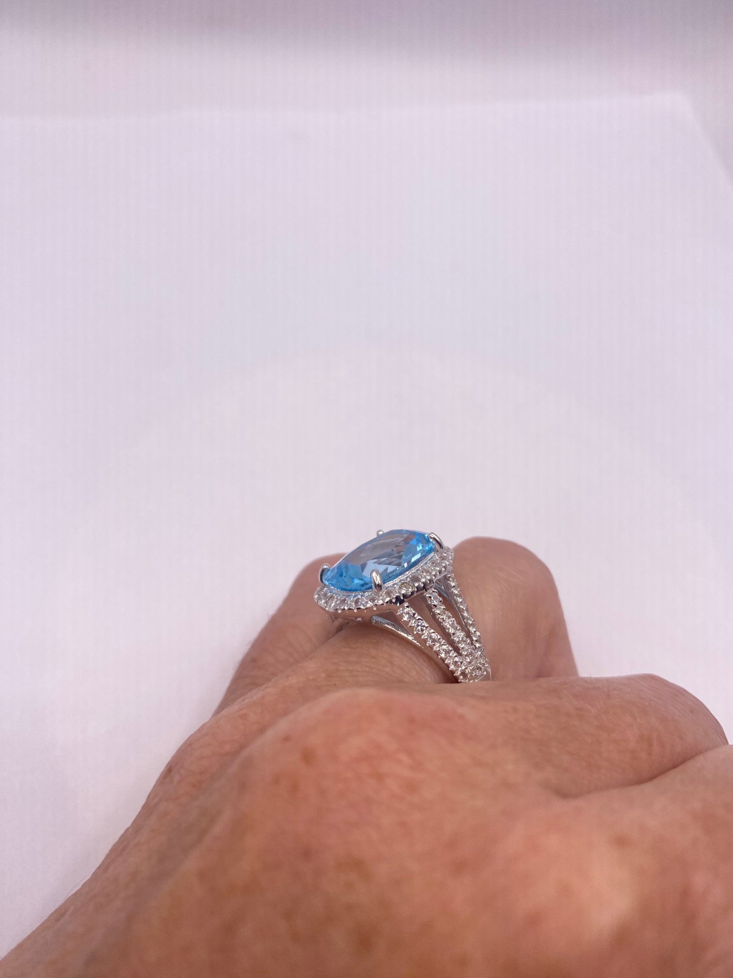 Vintage Blue Topaz White Diamond 925 Sterling Silver Promise Ring