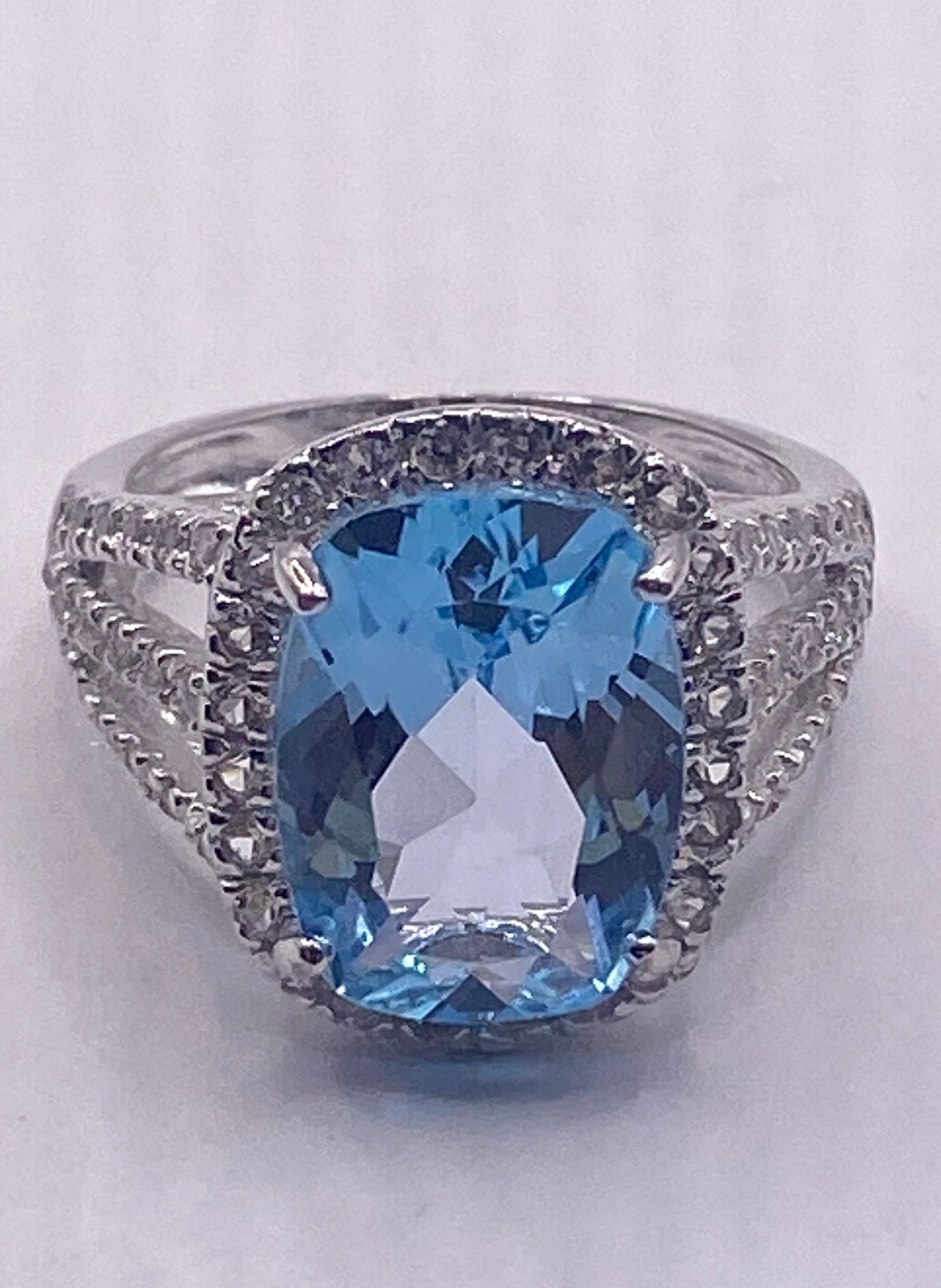 Vintage Blue Topaz White Diamond 925 Sterling Silver Promise Ring