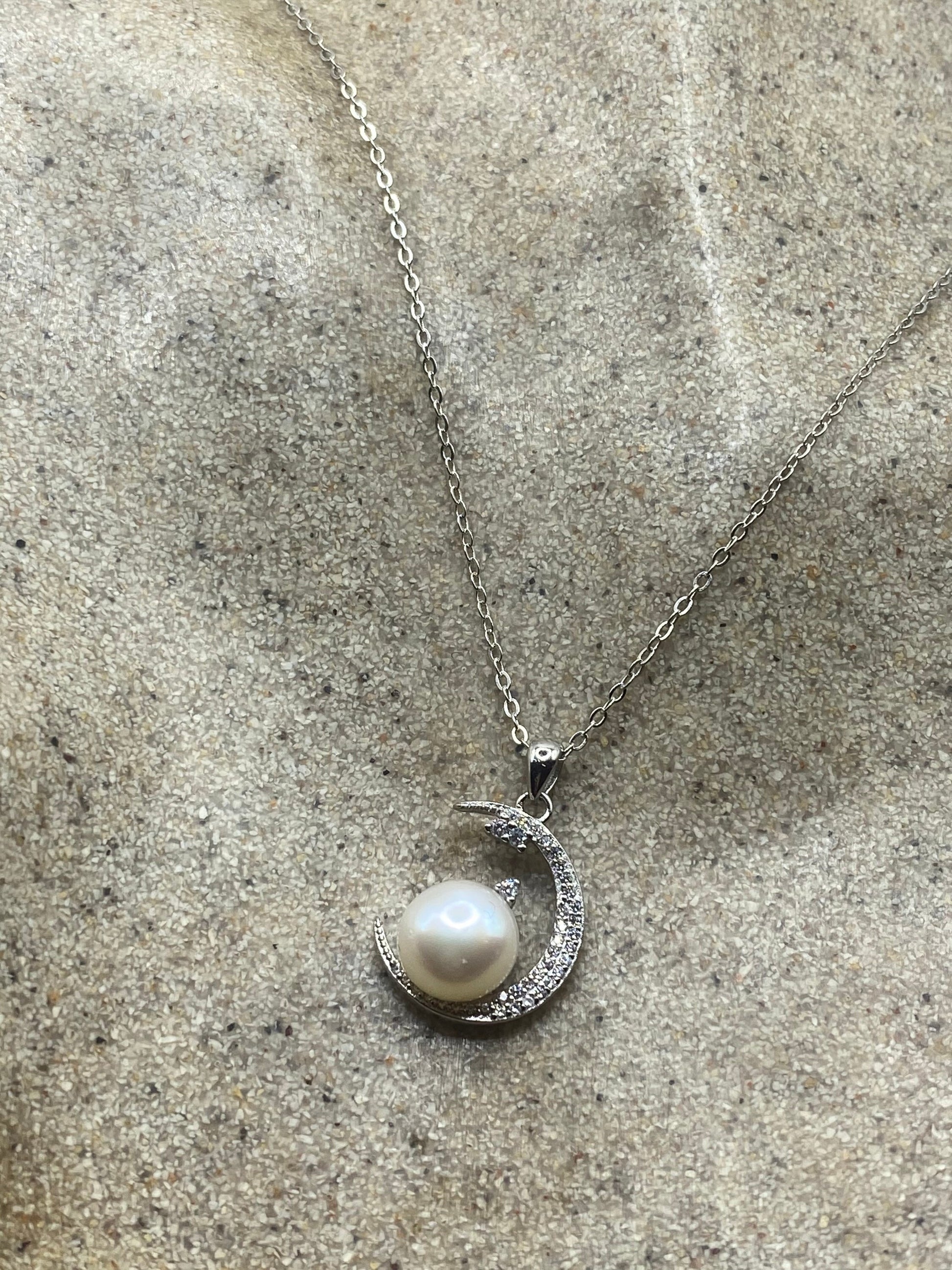 Vintage Crystal Crescent Moon Genuine White Pearl 925 Sterling Silver Choker Pendant Necklace