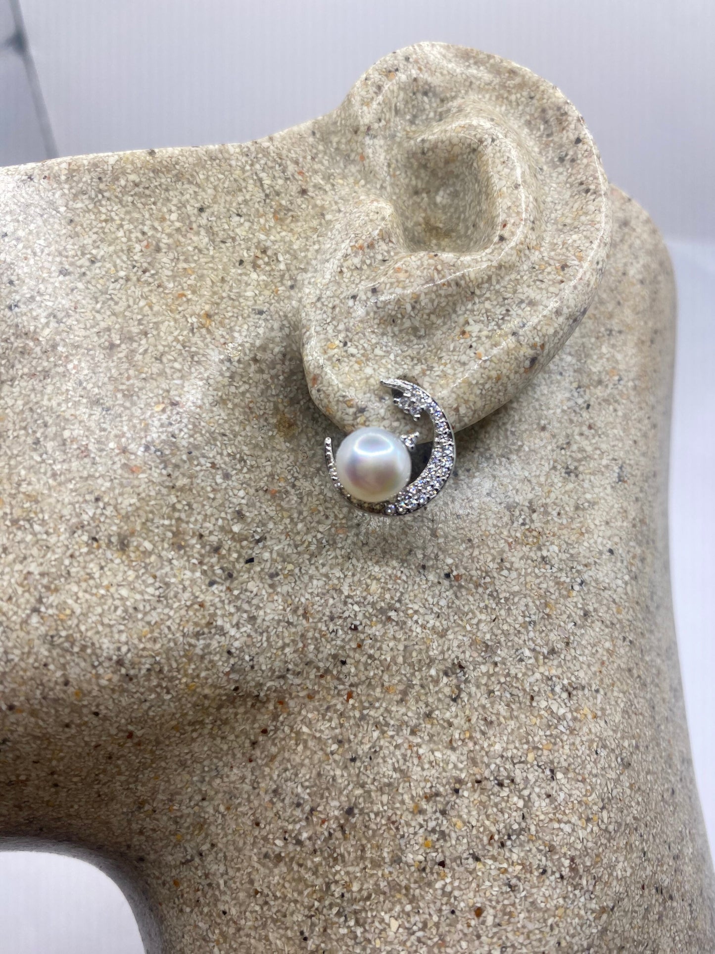 Vintage Crystal Crescent Moon Genuine Pearl Sterling Silver Stud Earrings