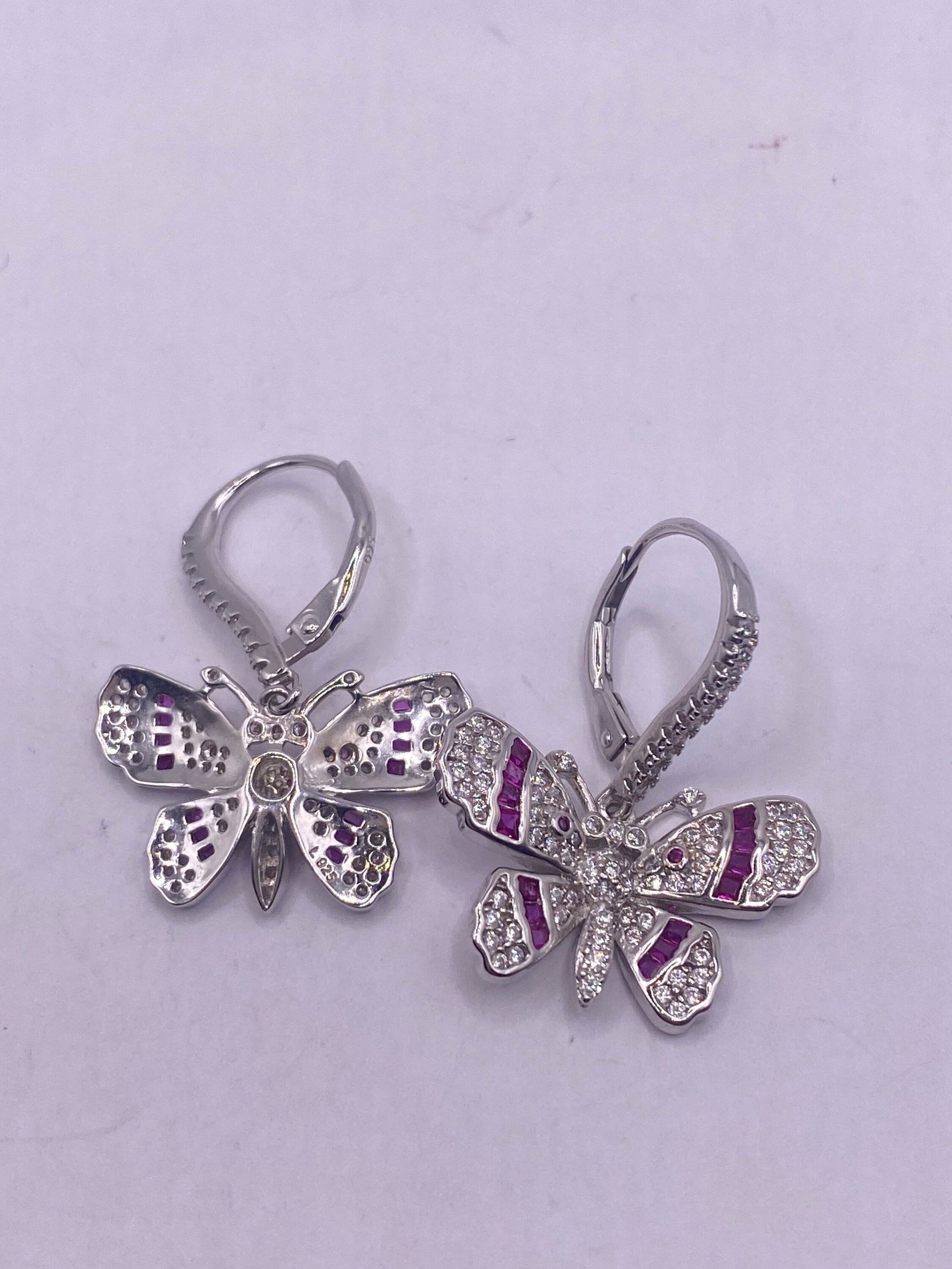 Vintage 925 Sterling Silver Pink tourmaline Butterfly Earrings