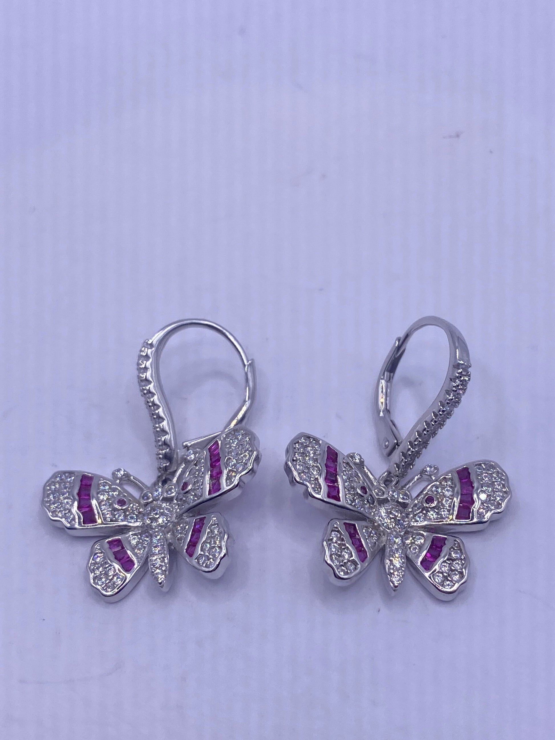 Vintage 925 Sterling Silver Pink tourmaline Butterfly Earrings