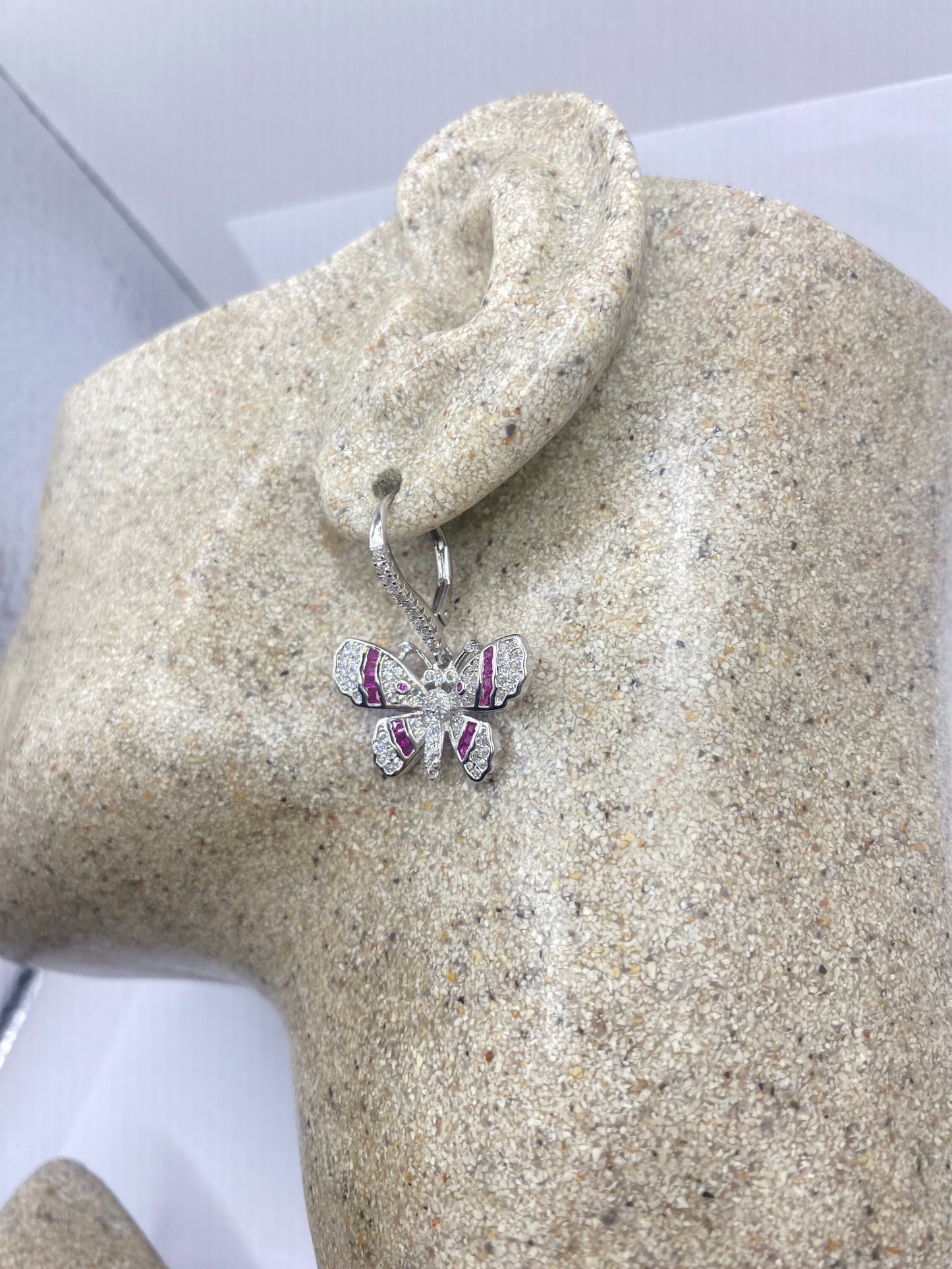 Vintage 925 Sterling Silver Pink tourmaline Butterfly Earrings