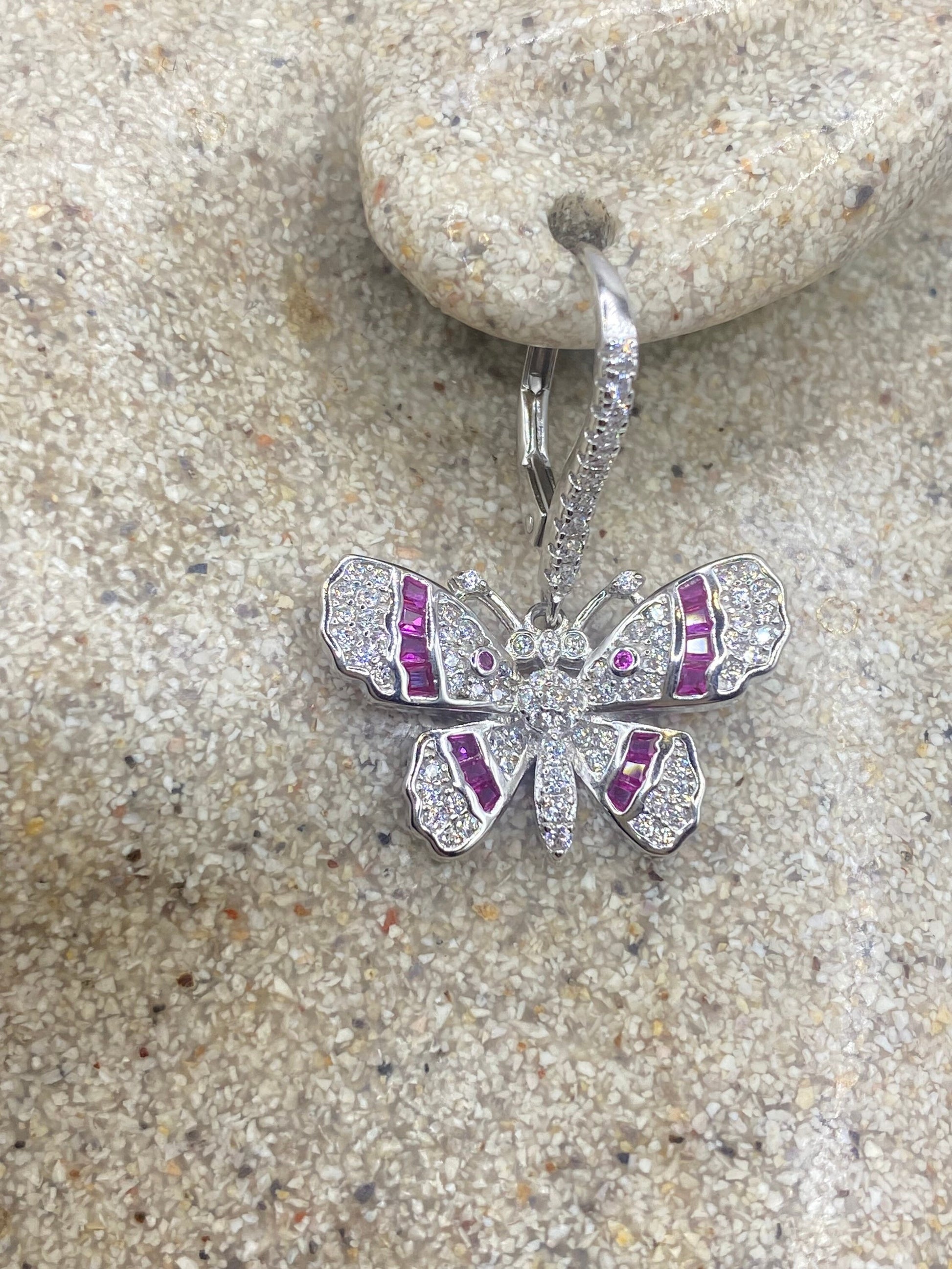 Vintage 925 Sterling Silver Pink tourmaline Butterfly Earrings