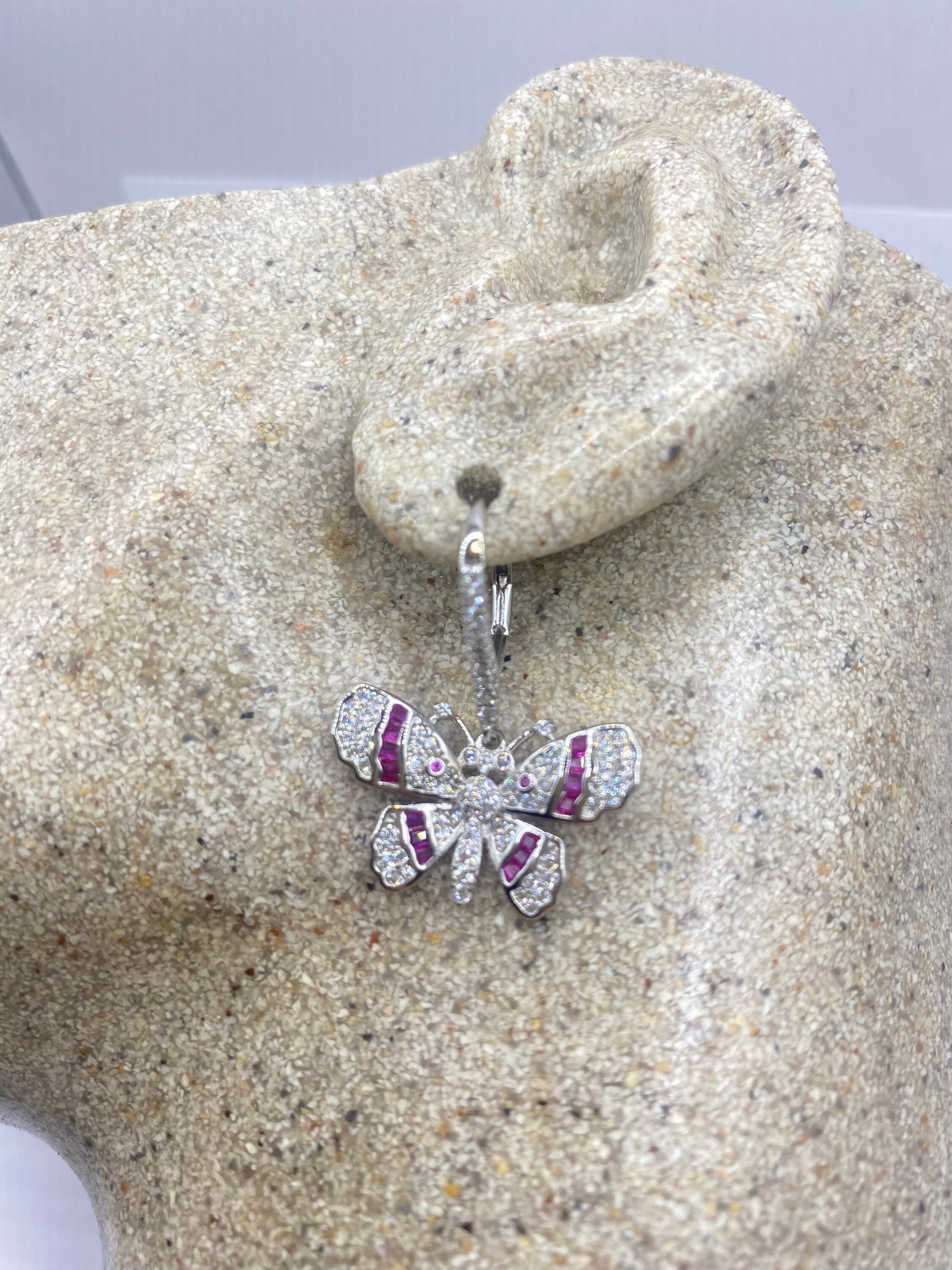 Vintage 925 Sterling Silver Pink tourmaline Butterfly Earrings