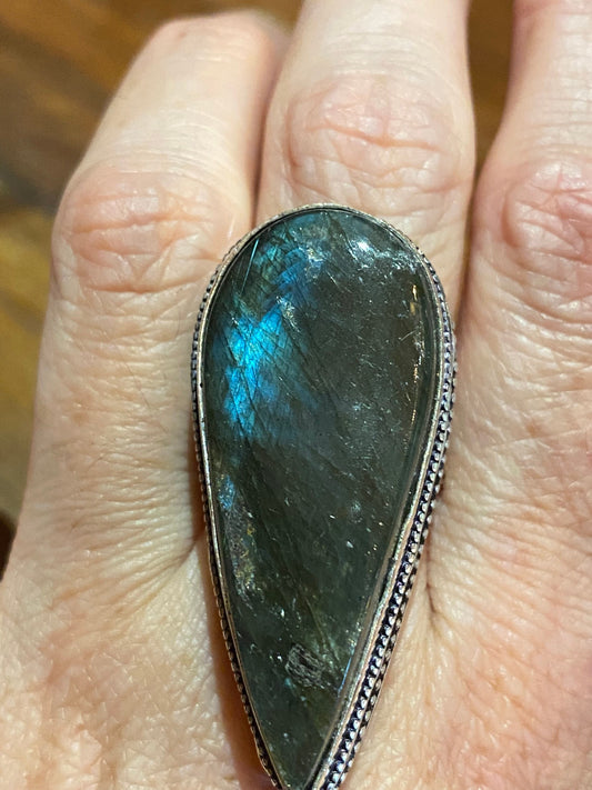 Vintage Blue Green Labradorite Moonstone Cocktail Ring