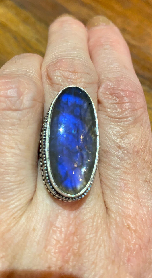 Vintage Blue Green Labradorite Moonstone Cocktail Ring