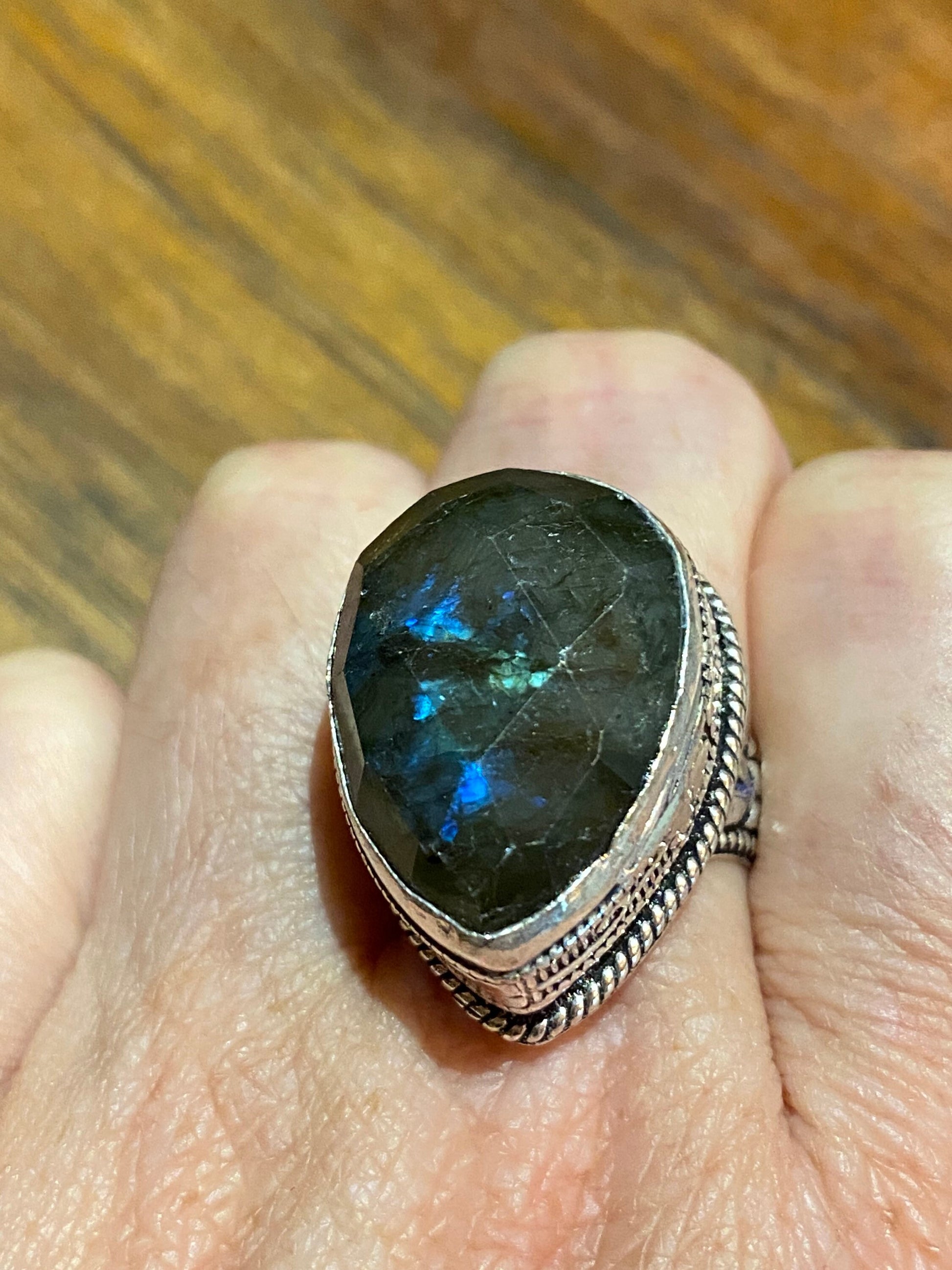 Vintage Blue Green Labradorite Moonstone Cocktail Ring