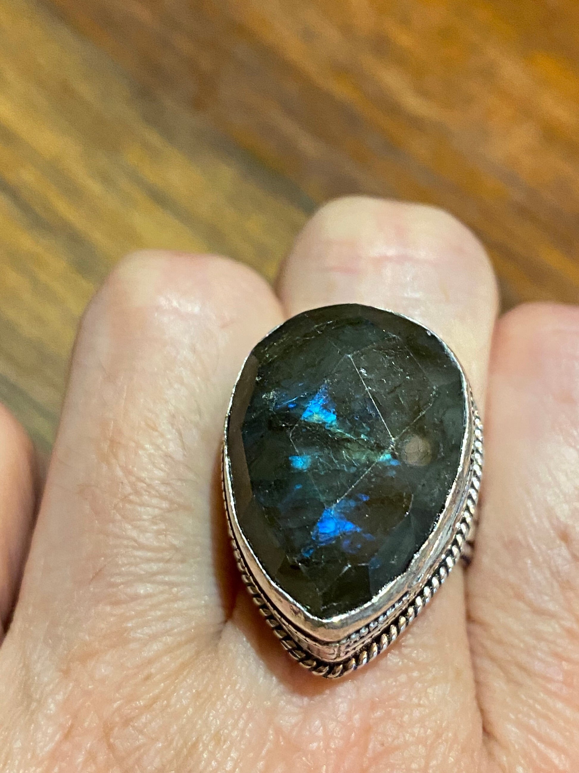 Vintage Blue Green Labradorite Moonstone Cocktail Ring