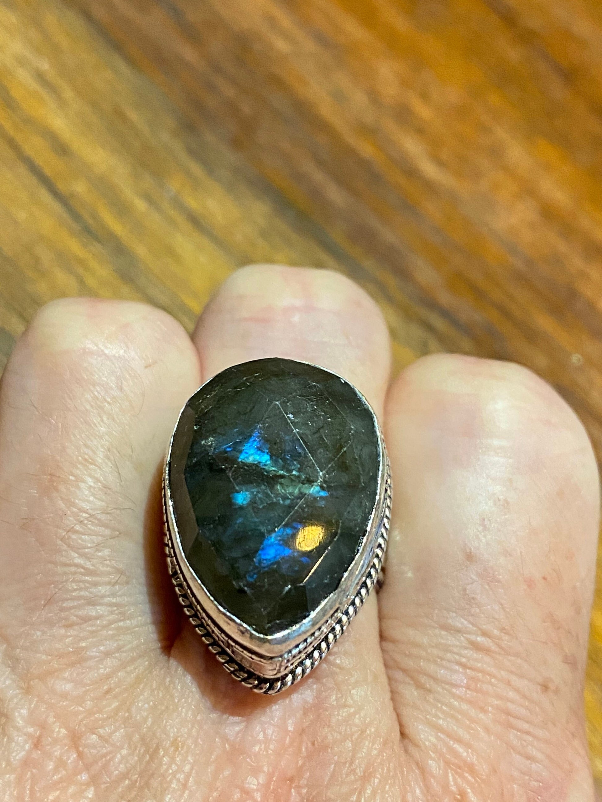 Vintage Blue Green Labradorite Moonstone Cocktail Ring