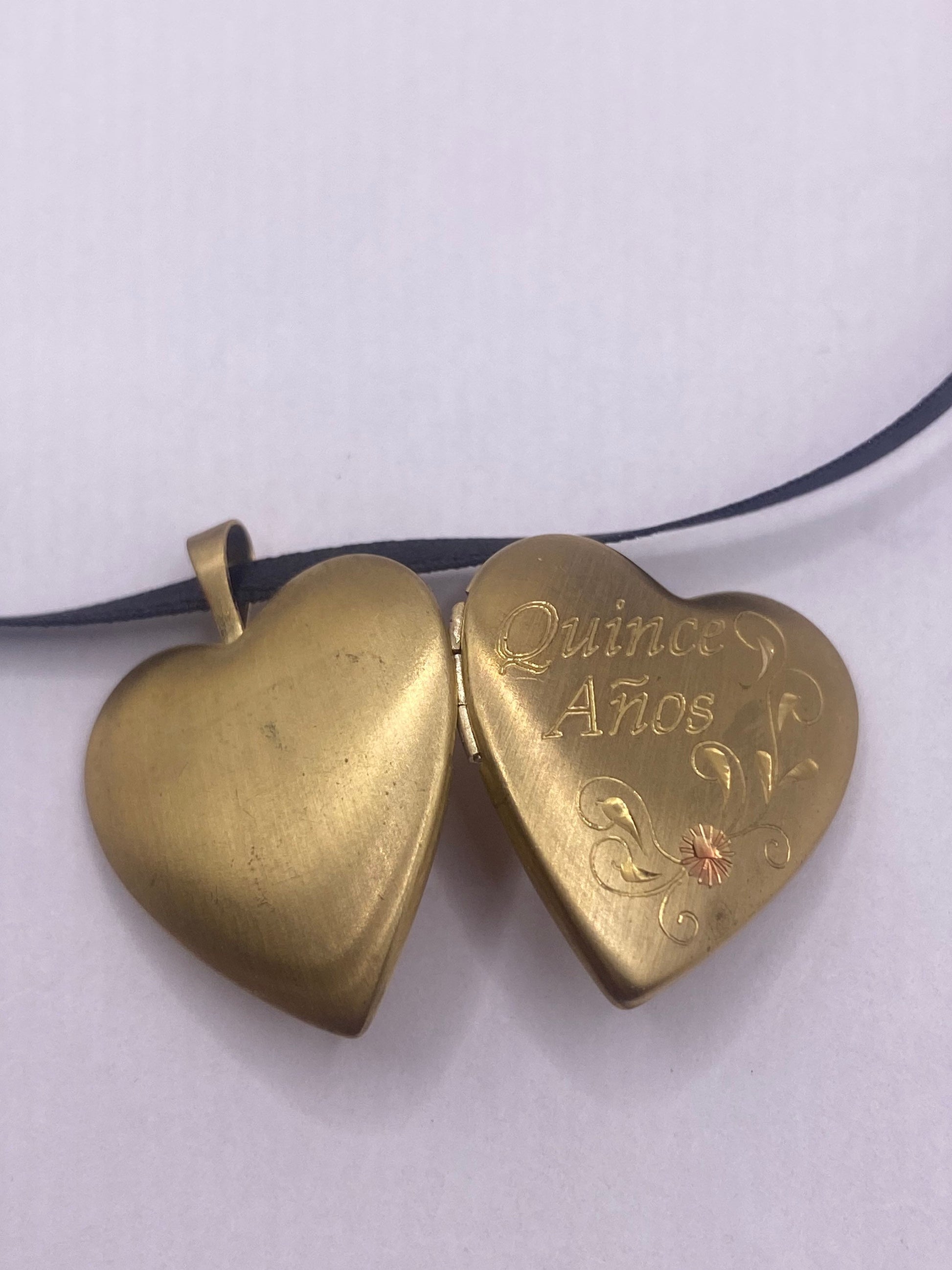Vintage Gold Locket | Tiny Heart 9k Gold Filled Pendant Photo Memory Charm Engraved "Quince Anos" Quinceañera Birthday | Choker Necklace