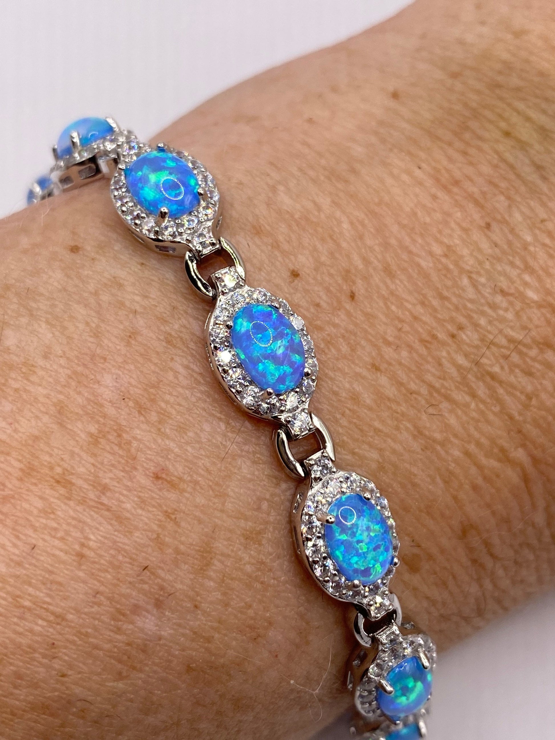 Vintage Blue Fire Opal Cubic Zirconia Bracelet 925 Sterling Silver
