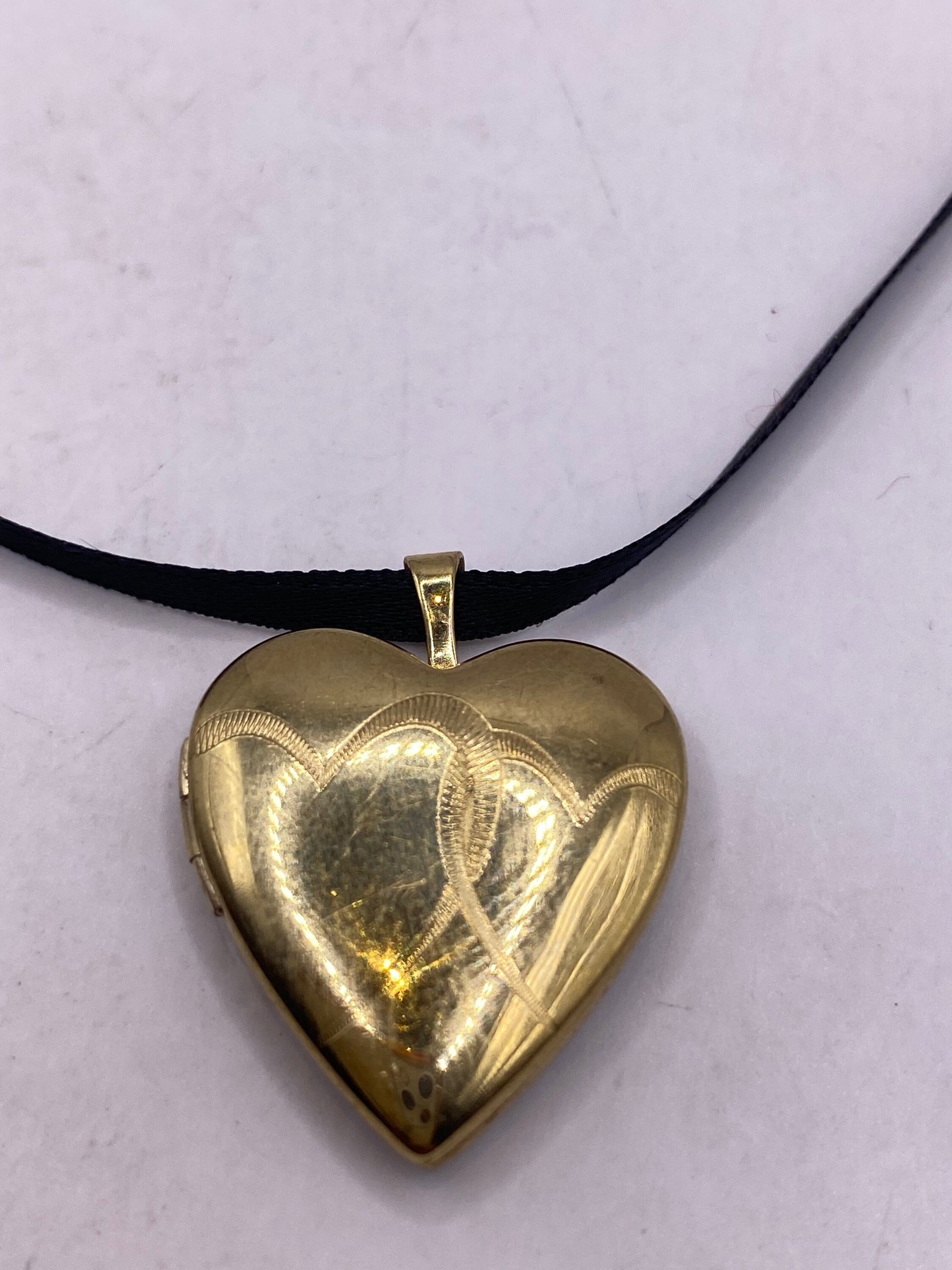 Vintage Gold Locket | Tiny Heart 9k Gold Filled Pendant Photo Memory Charm Engraved Two Hearts | Choker Necklace