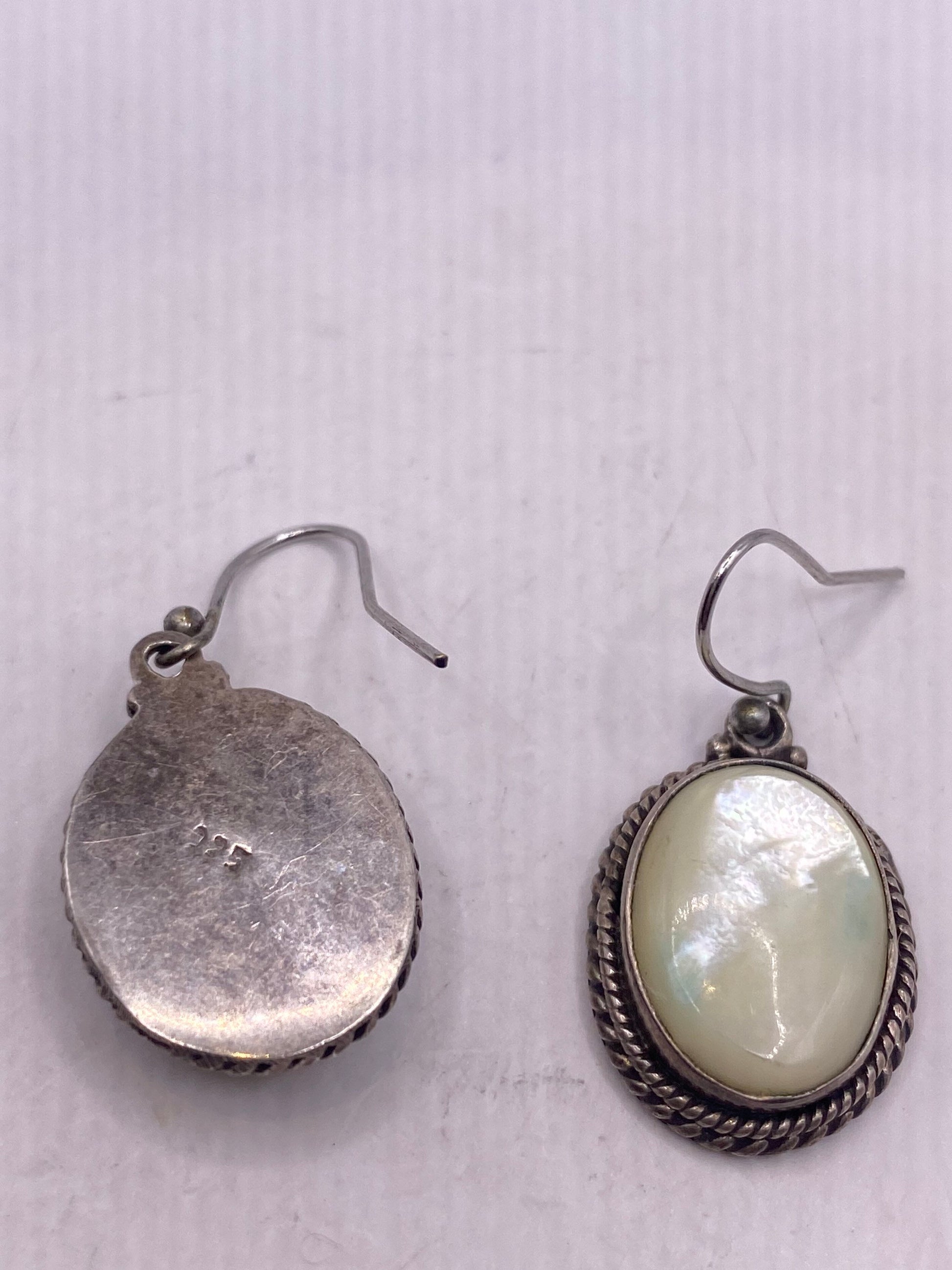 Antique Vintage Mother of Pearl 925 Sterling Silver Dangle Earrings