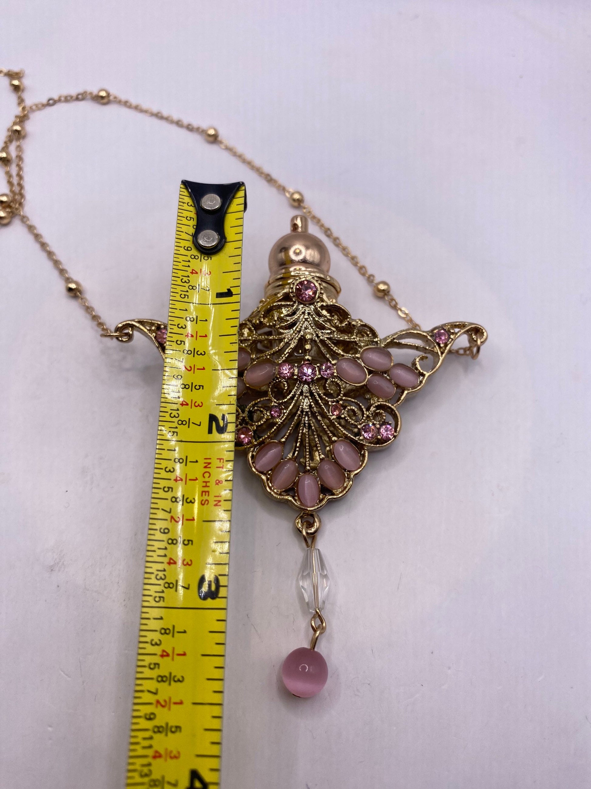 Vintage Perfume Oil Bottle mosaic Pink Lab Cats Eye Rhinestone Pendant Necklace