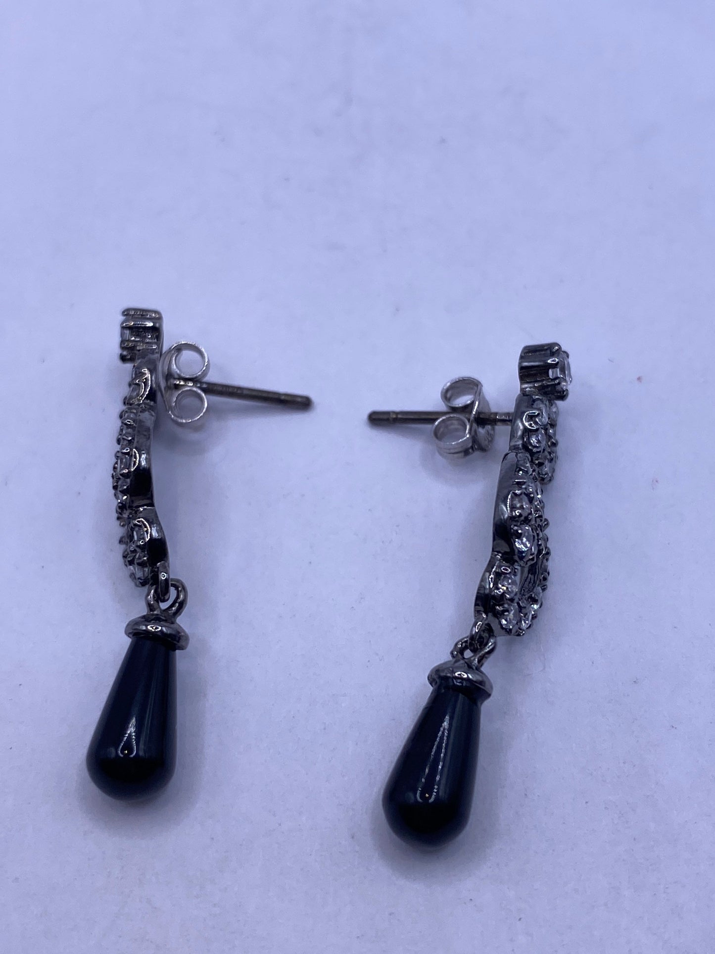 Vintage Black Onyx 925 Silver Dangle Earrings