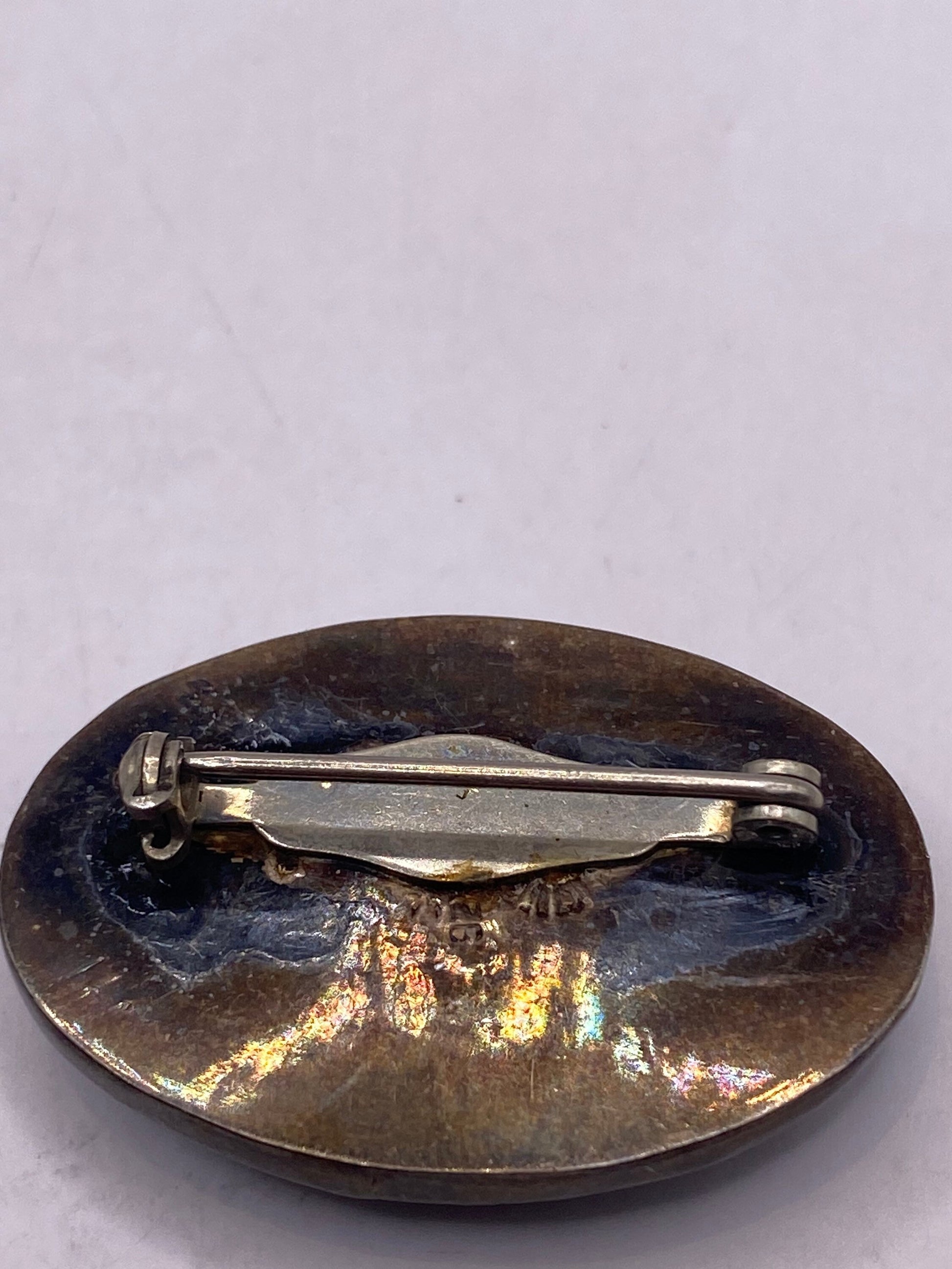 Vintage Black Obsidian Pin 925 Sterling Silver Brooch
