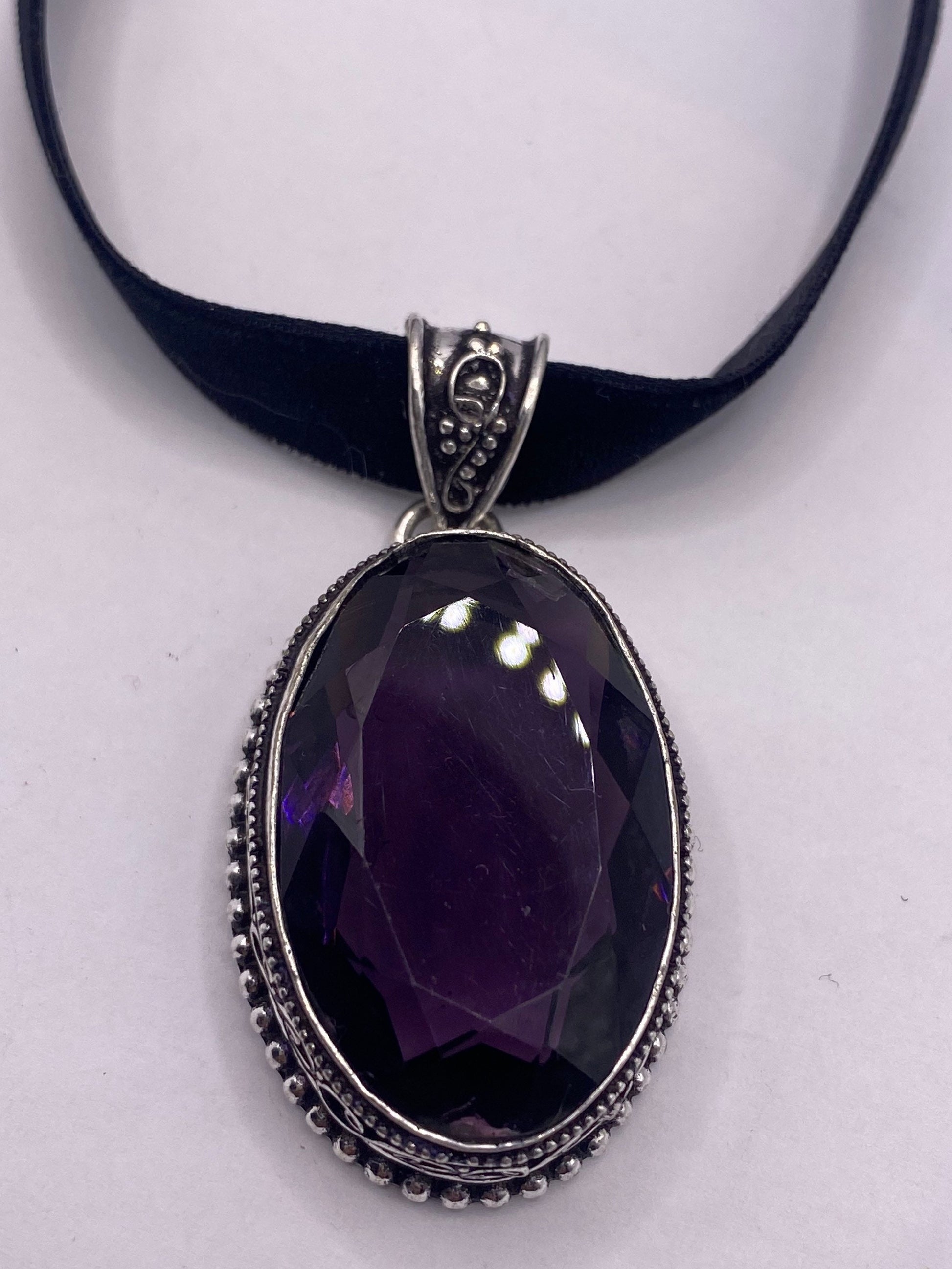 Vintage Purple Glass Choker Silver Finished Necklace