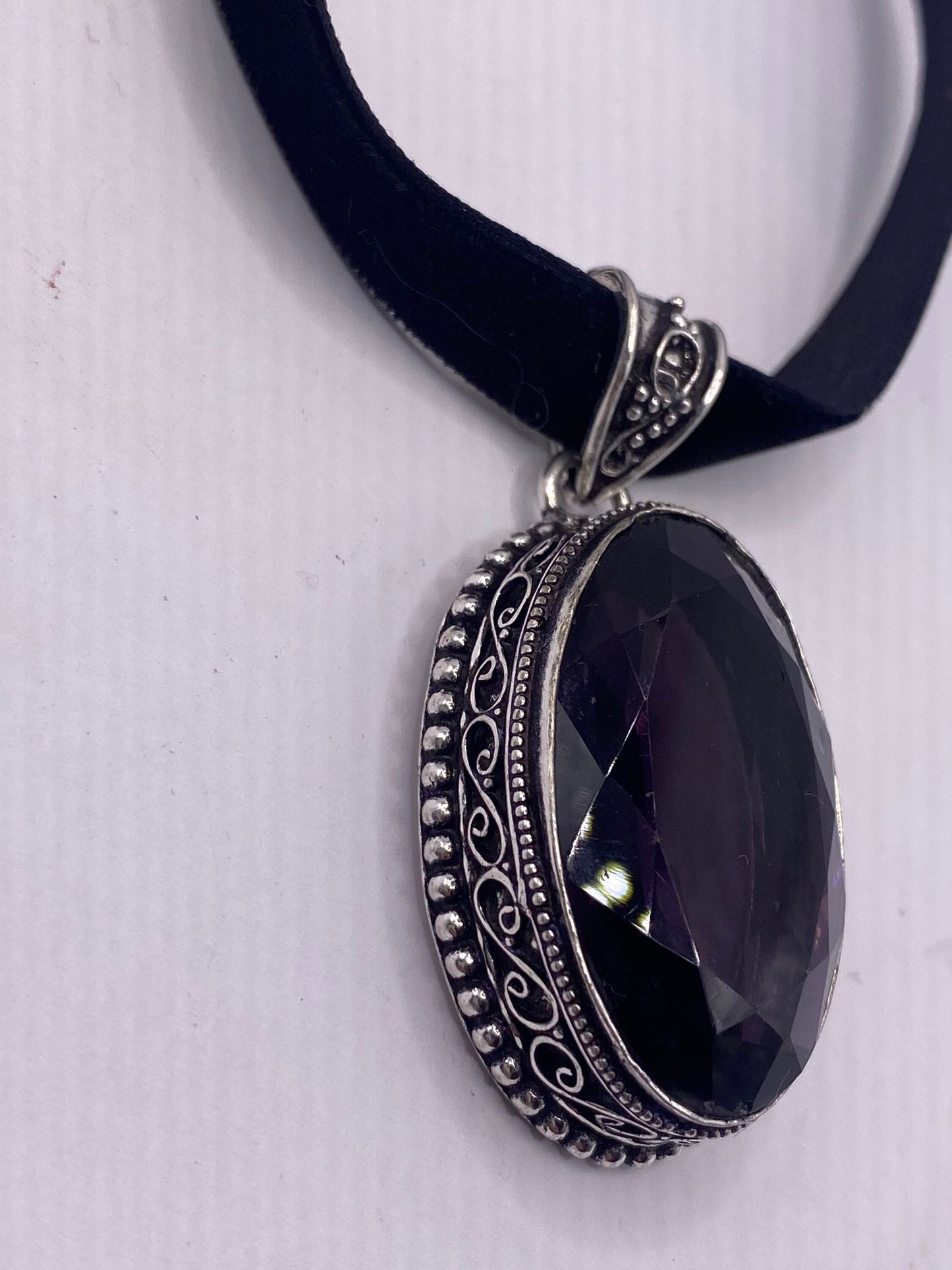 Vintage Purple Glass Choker Silver Finished Necklace