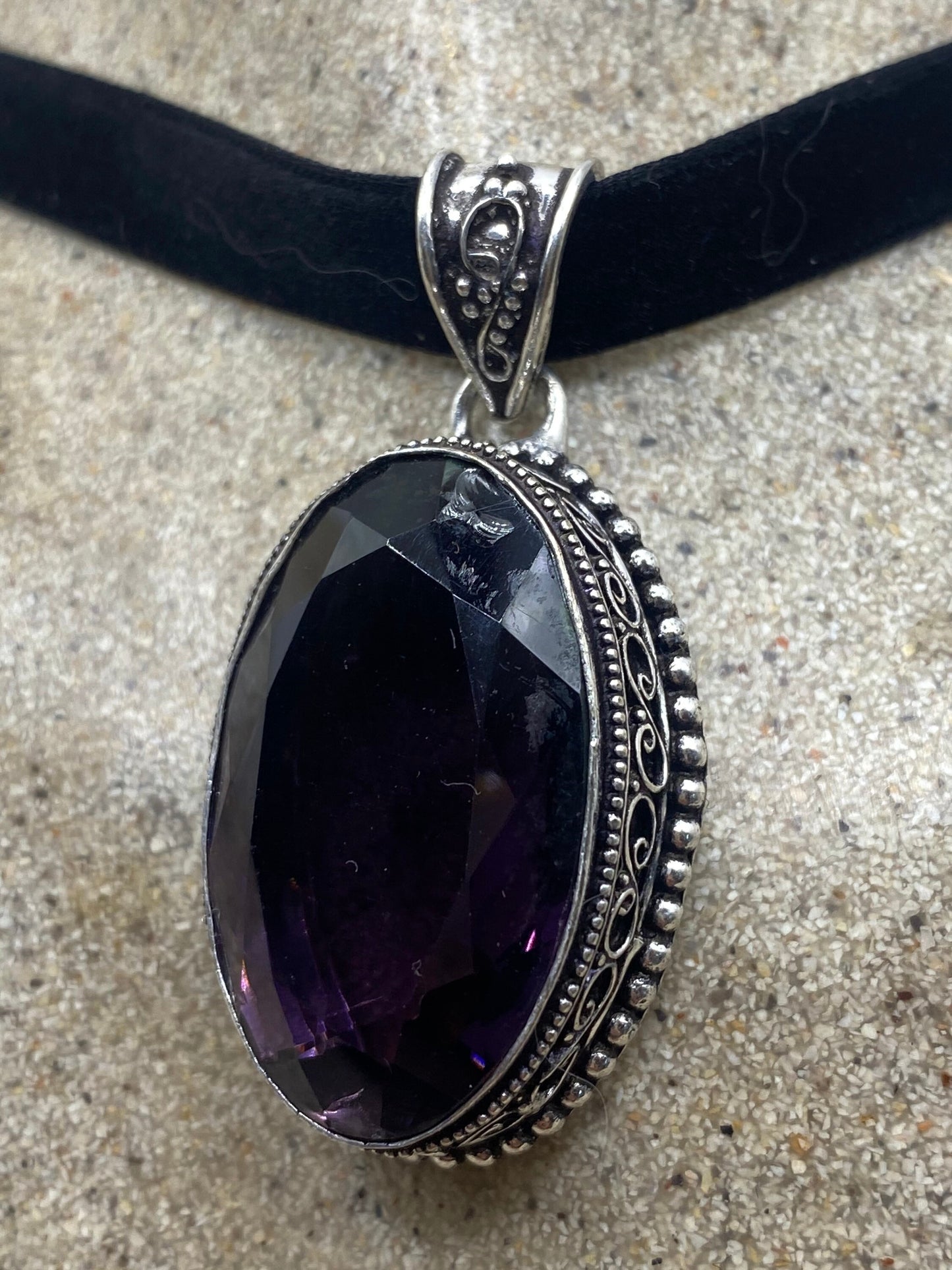 Vintage Purple Glass Choker Silver Finished Necklace