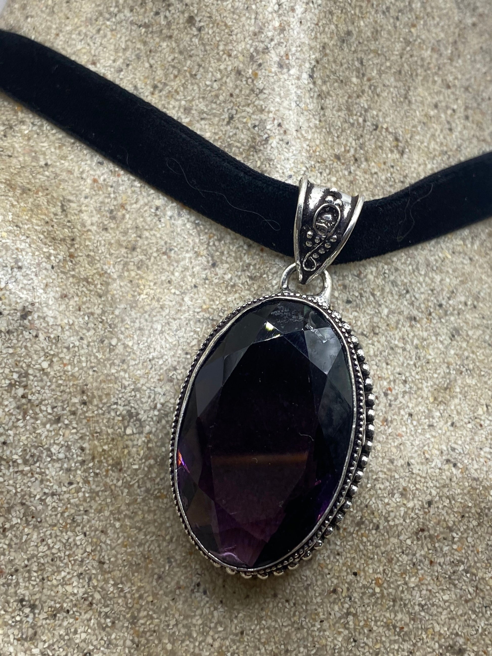Vintage Purple Glass Choker Silver Finished Necklace