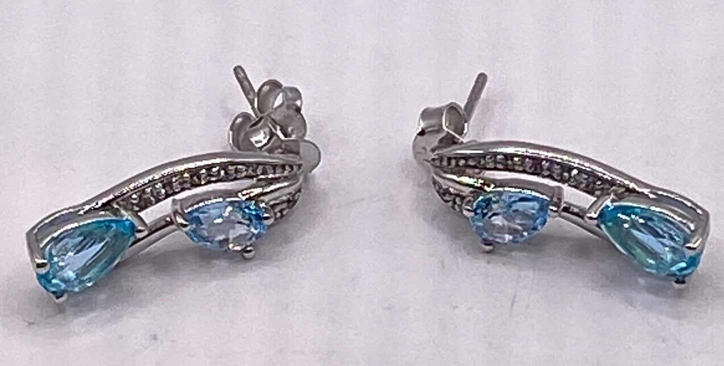 Vintage Mixed Genuine Blue Flourite Blue topaz diamond 925 Sterling Silver Earrings