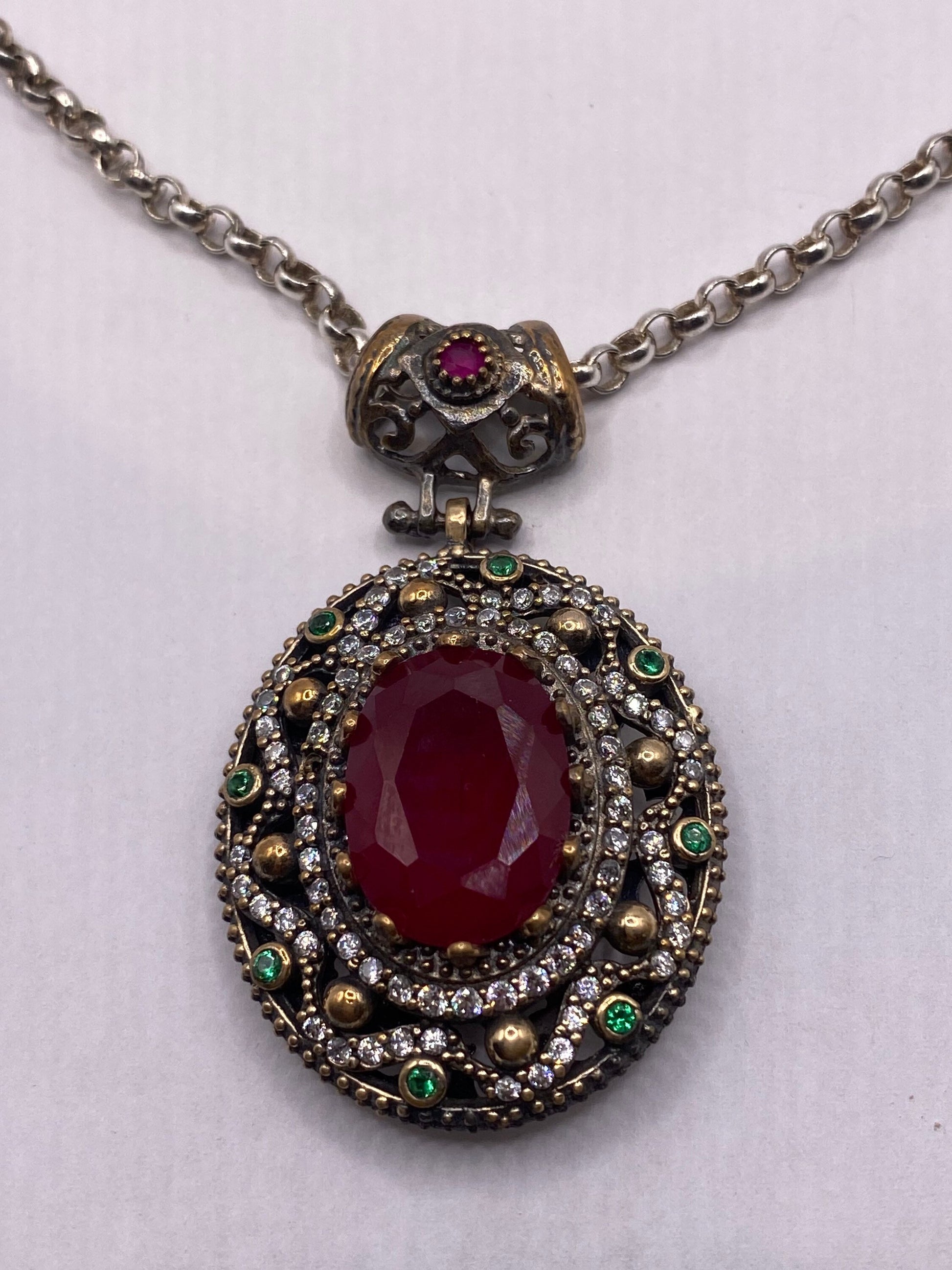 Vintage 925 Sterling Silver Pink Topaz And Green Chrome Diopside Antique Pendant Necklace