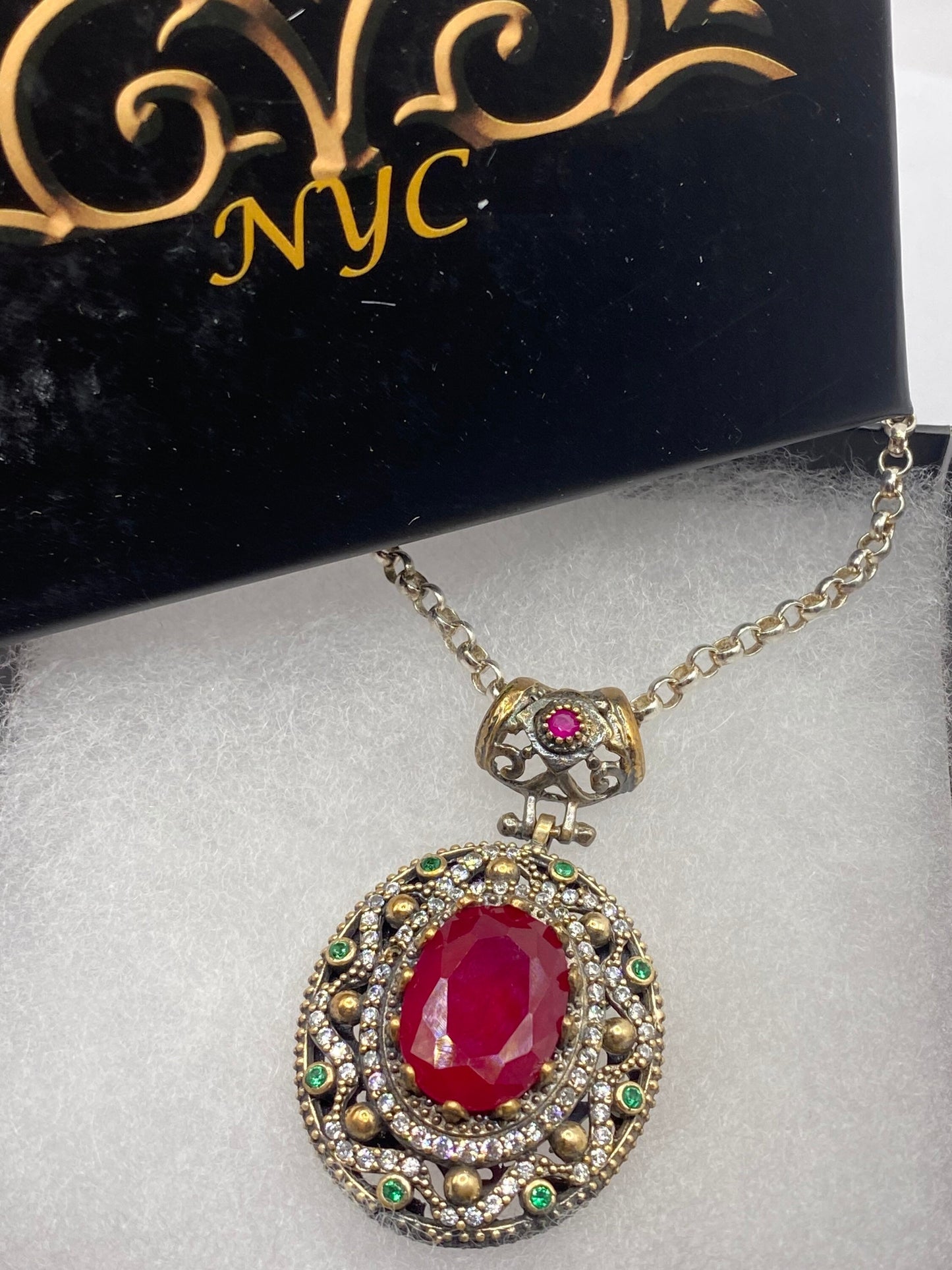 Vintage 925 Sterling Silver Pink Topaz And Green Chrome Diopside Antique Pendant Necklace