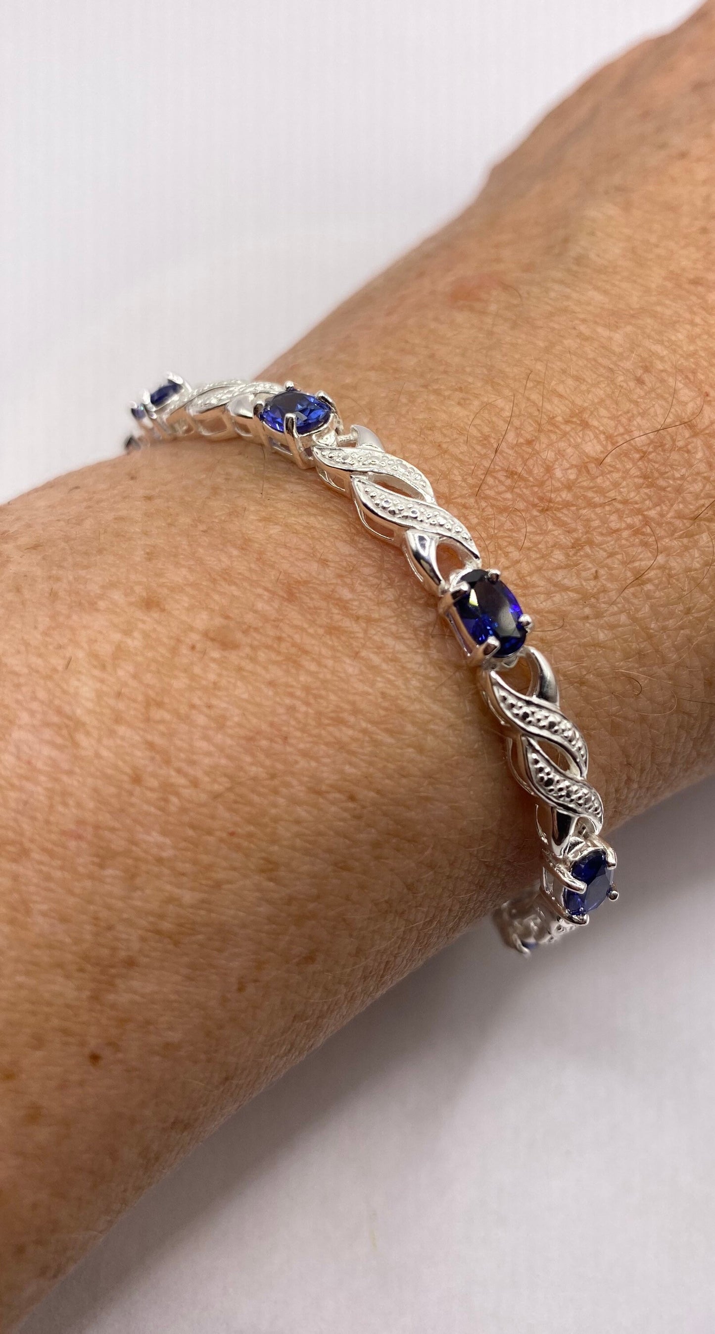 Vintage Blue Sapphire White Diamond Bracelet 925 Sterling Silver Tennis