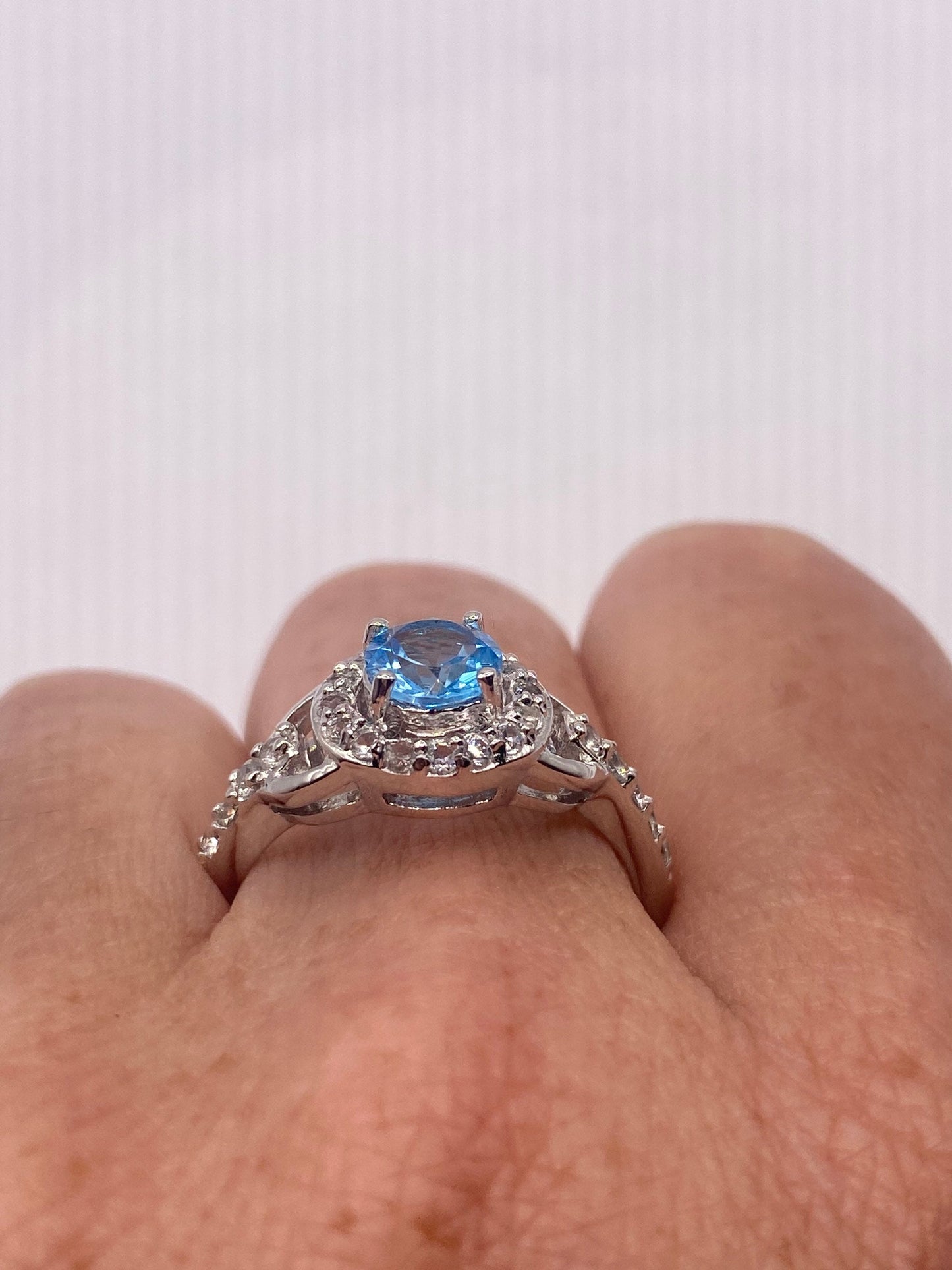 Vintage Blue Topaz White Diamond 925 Sterling Silver Promise Ring